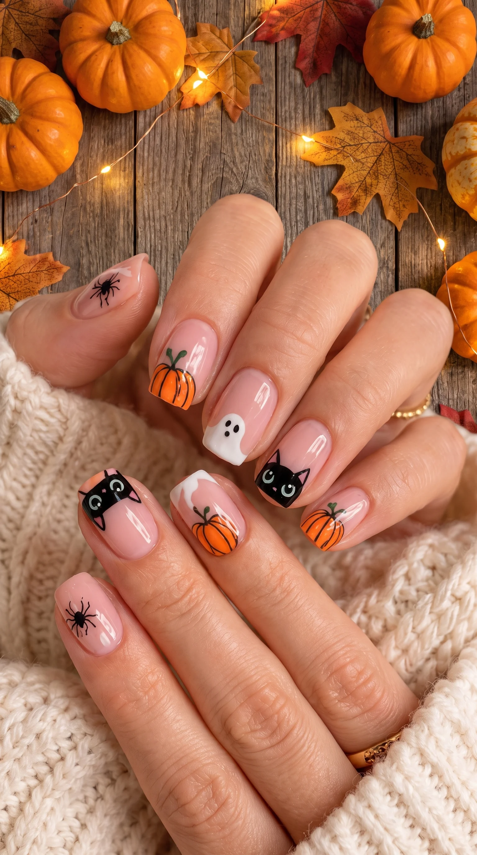 Pumpkin, Ghost & Black Cat Halloween Nails