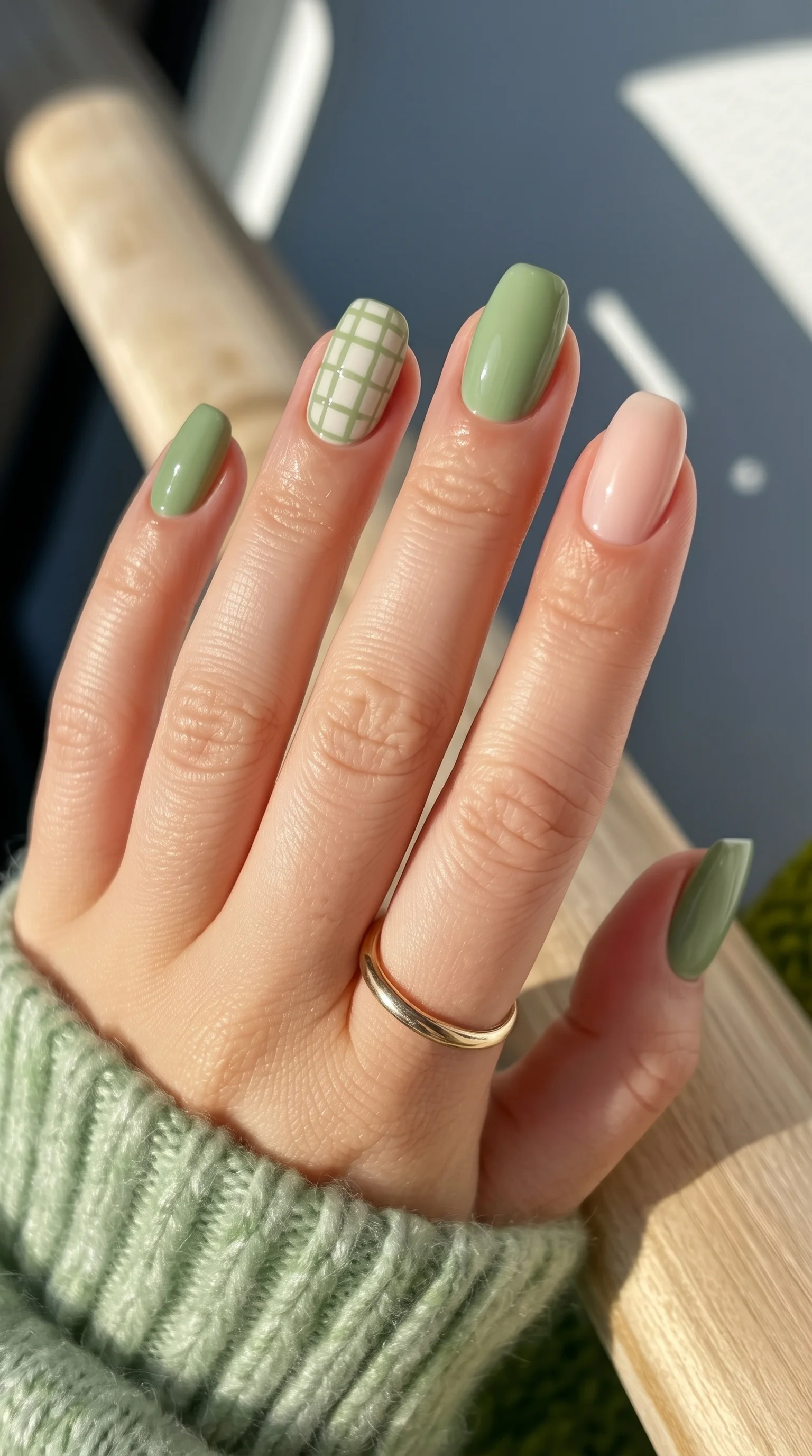 Sage Plaid Picnic Nails Design