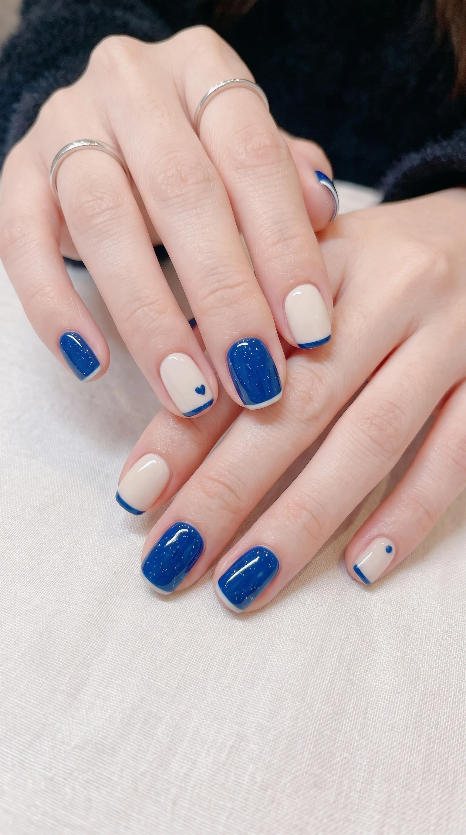 Cobalt Blue & Milky Heart French Tips Nails Inspo