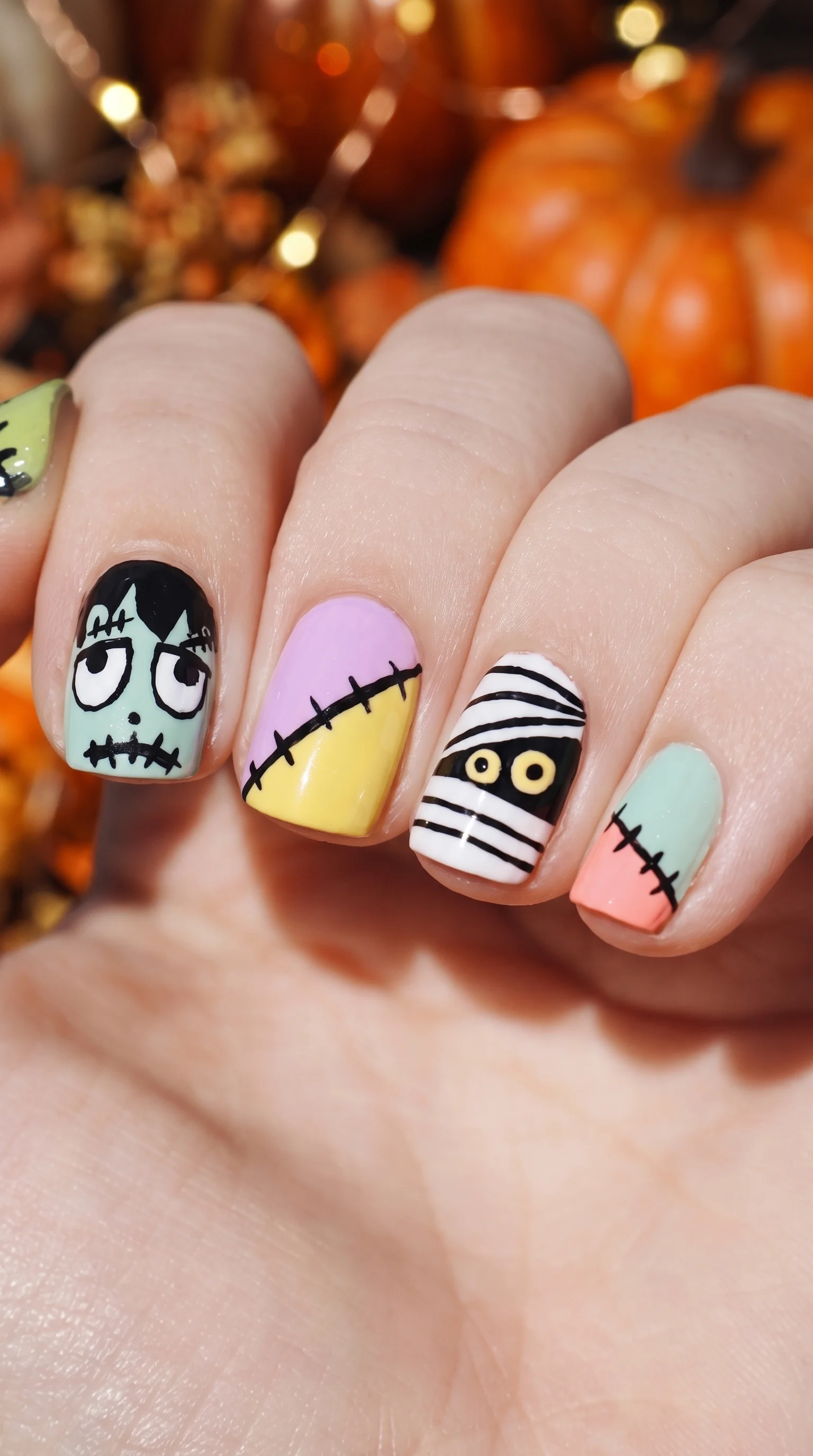 Pastel Stitched Character Halloween Nails