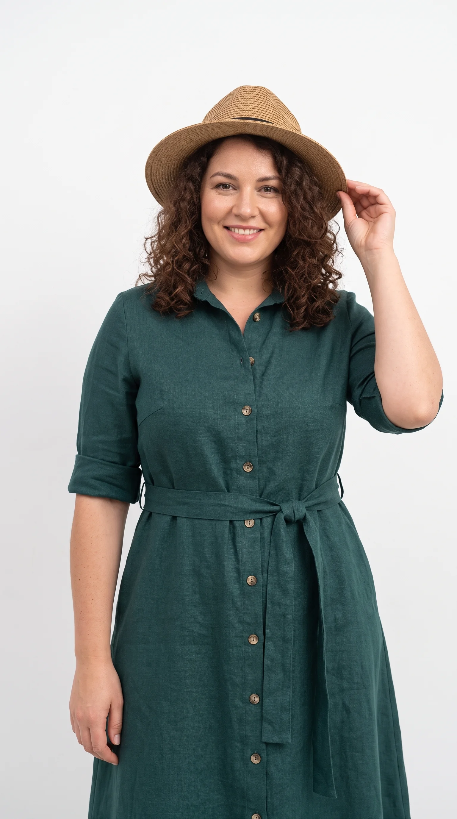 Summer Boho-Chic with Woven Straw Emerald Green Linen Wrap Dress