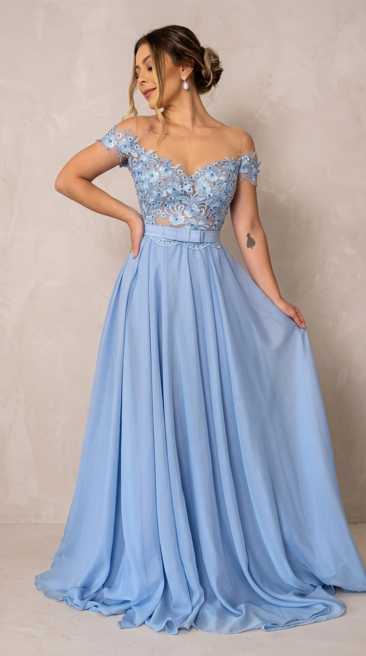 Cornflower Blue Lace Illusion A-Line Gowns Dress