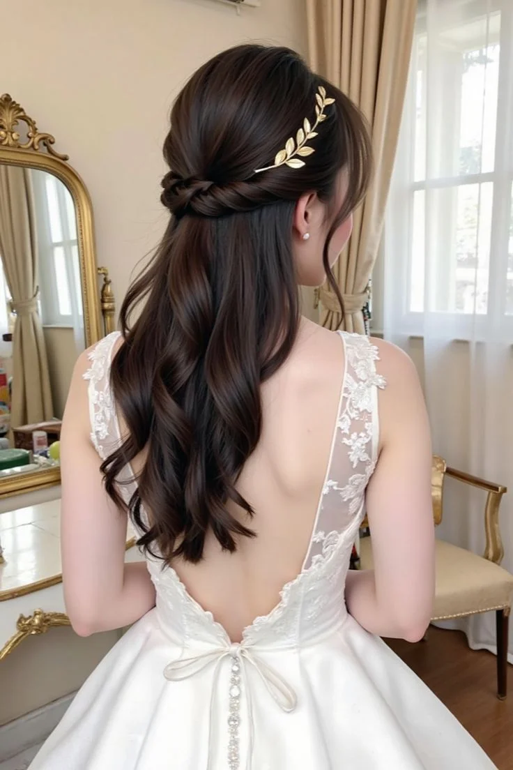 Elegant Gold Leaf Half-Up Style
