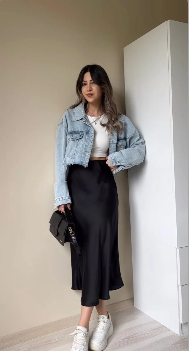 Black Midi Skirt with Denim Jacket