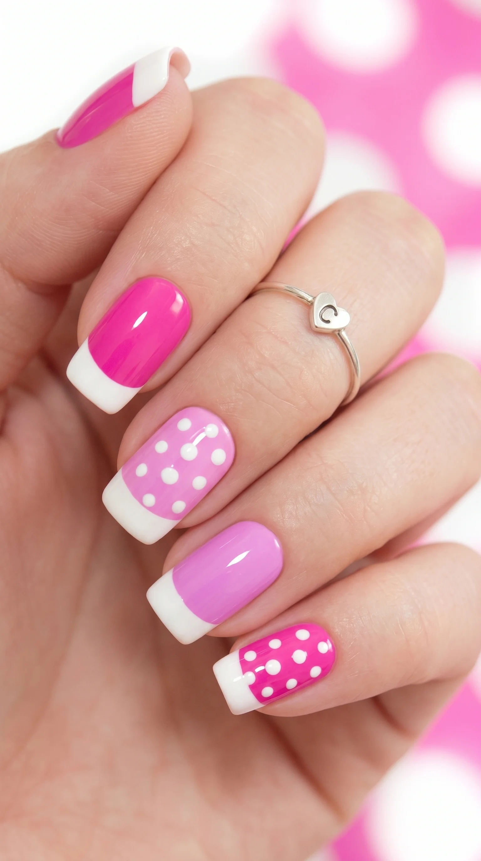 Retro Barbie Pink Dotted French Nails