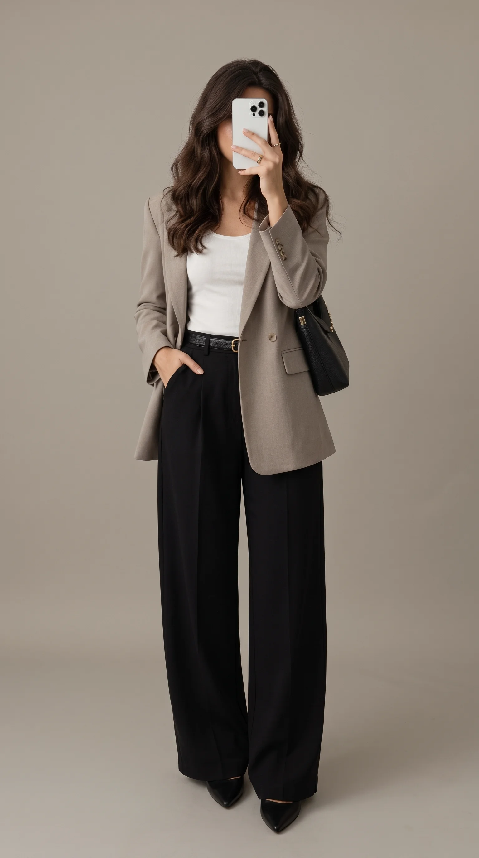 Taupe Blazer with White Top & Wide-Leg Trousers