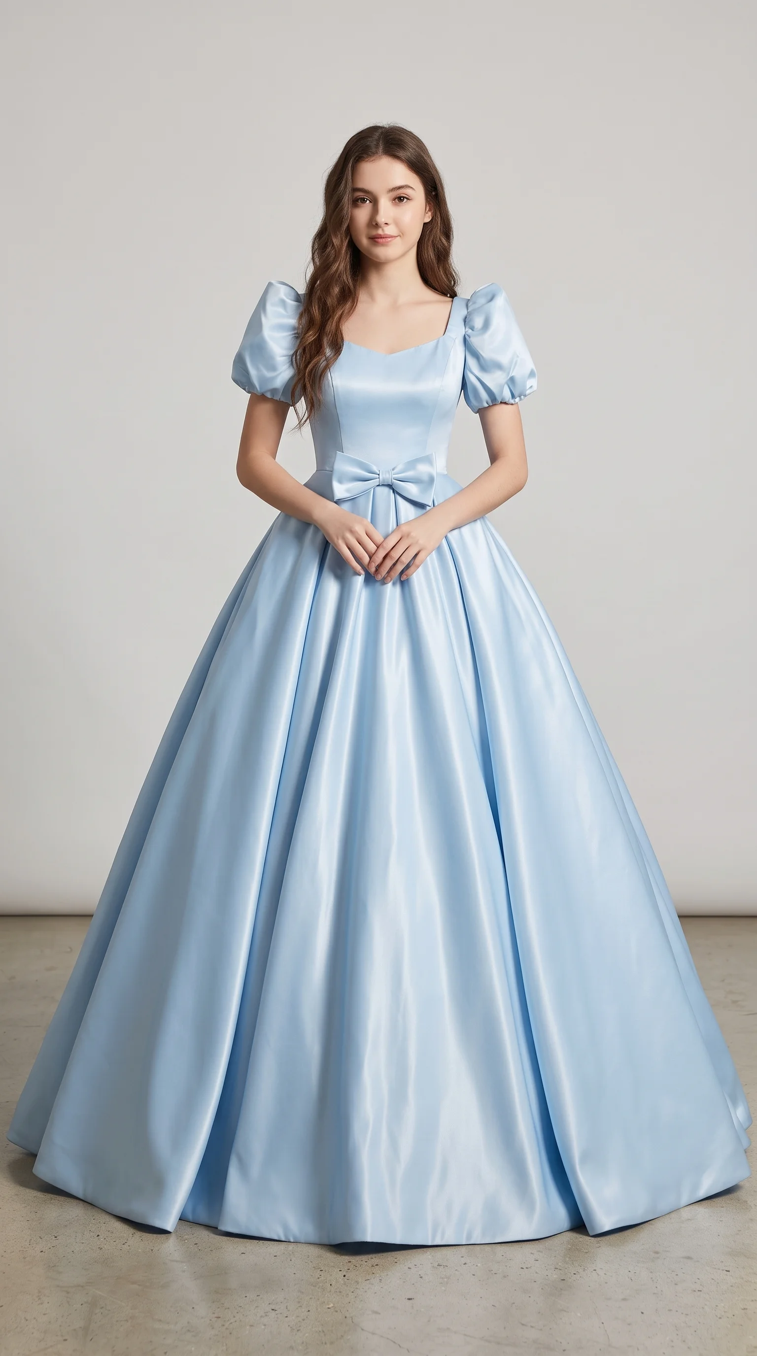 Puff-Sleeve Sky Blue Satin Ball Gowns with Bow