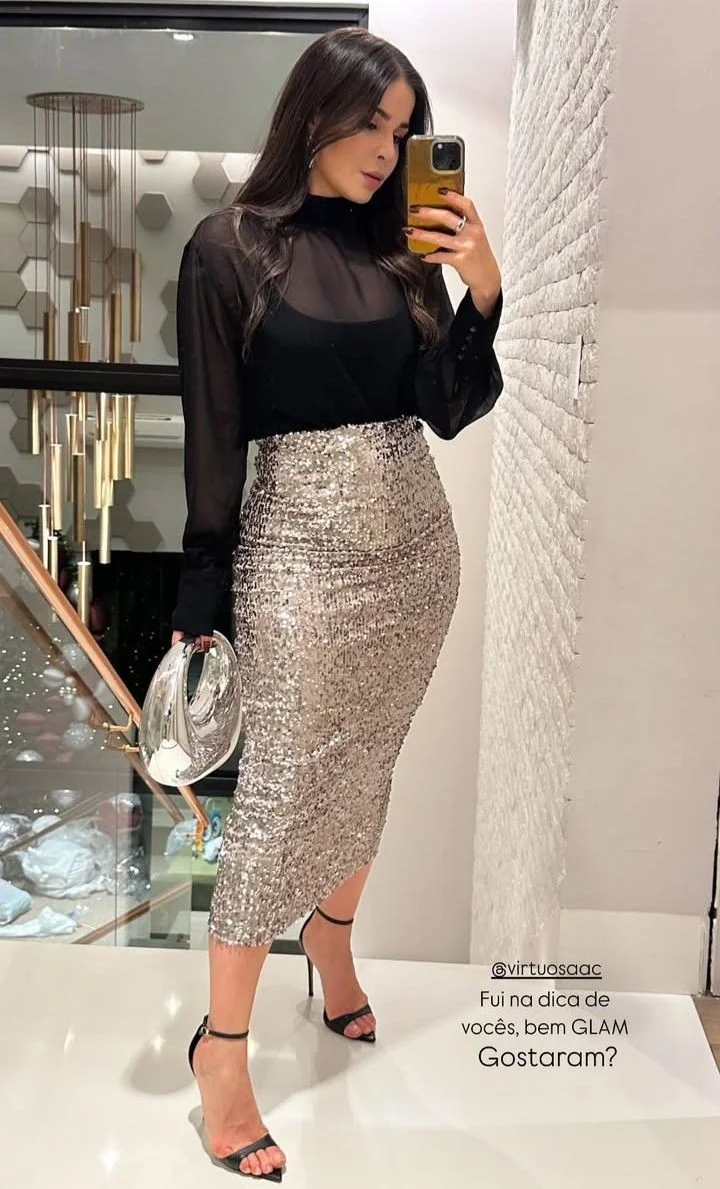 Black Top with Sequin Midi Skirt