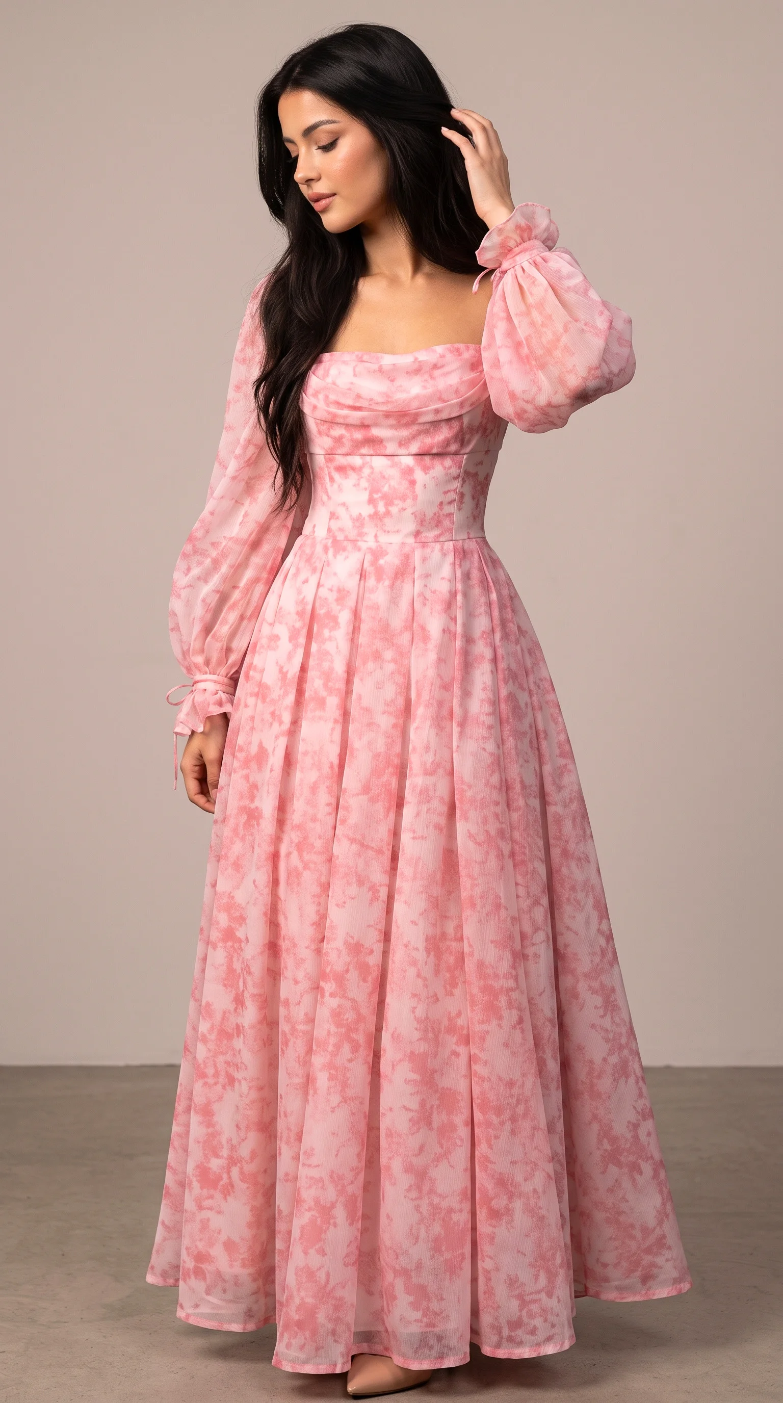 Pink Floral Draped-Bodice Long-Sleeve Autumn Wedding Guest Dress
