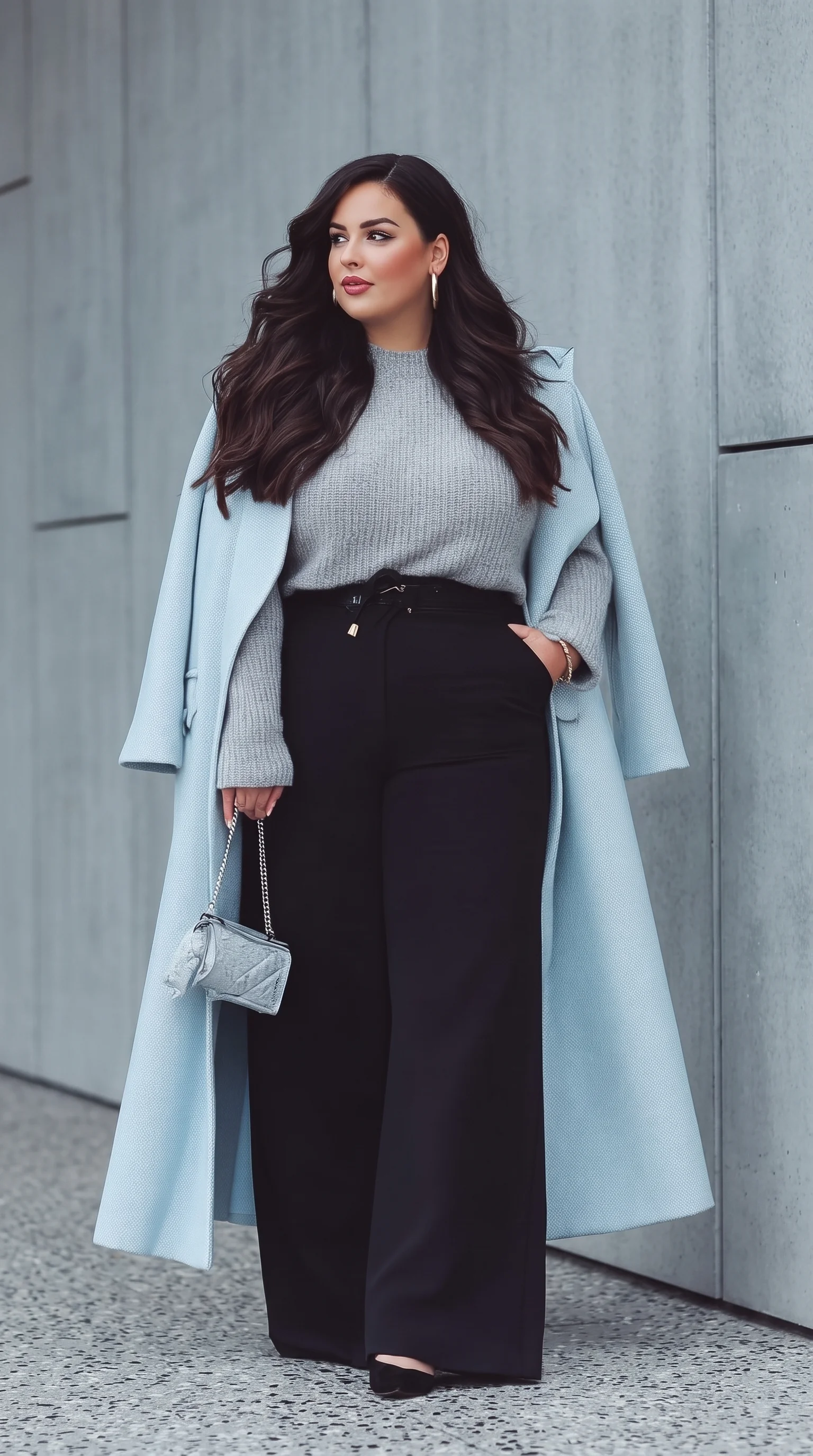 Ice Blue Coat & Grey Knit Plus Size Outfit