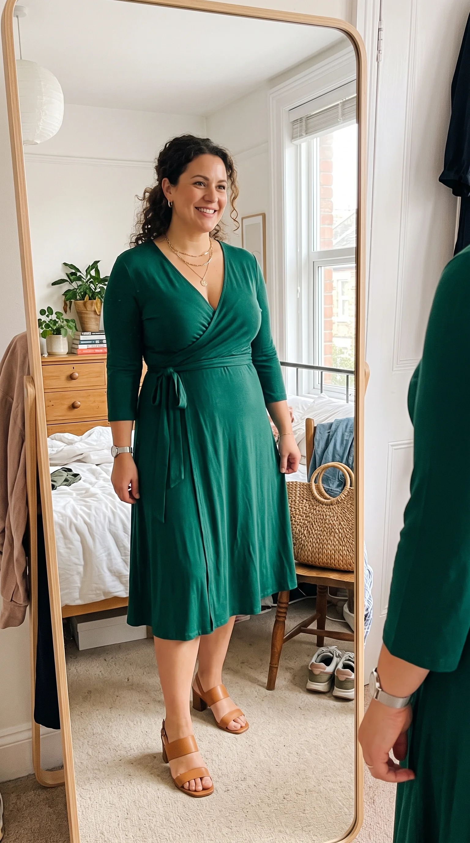 High-Contrast Edge with Fuchsia Pops Emerald Green Wrap Dress Pink Accessories Style