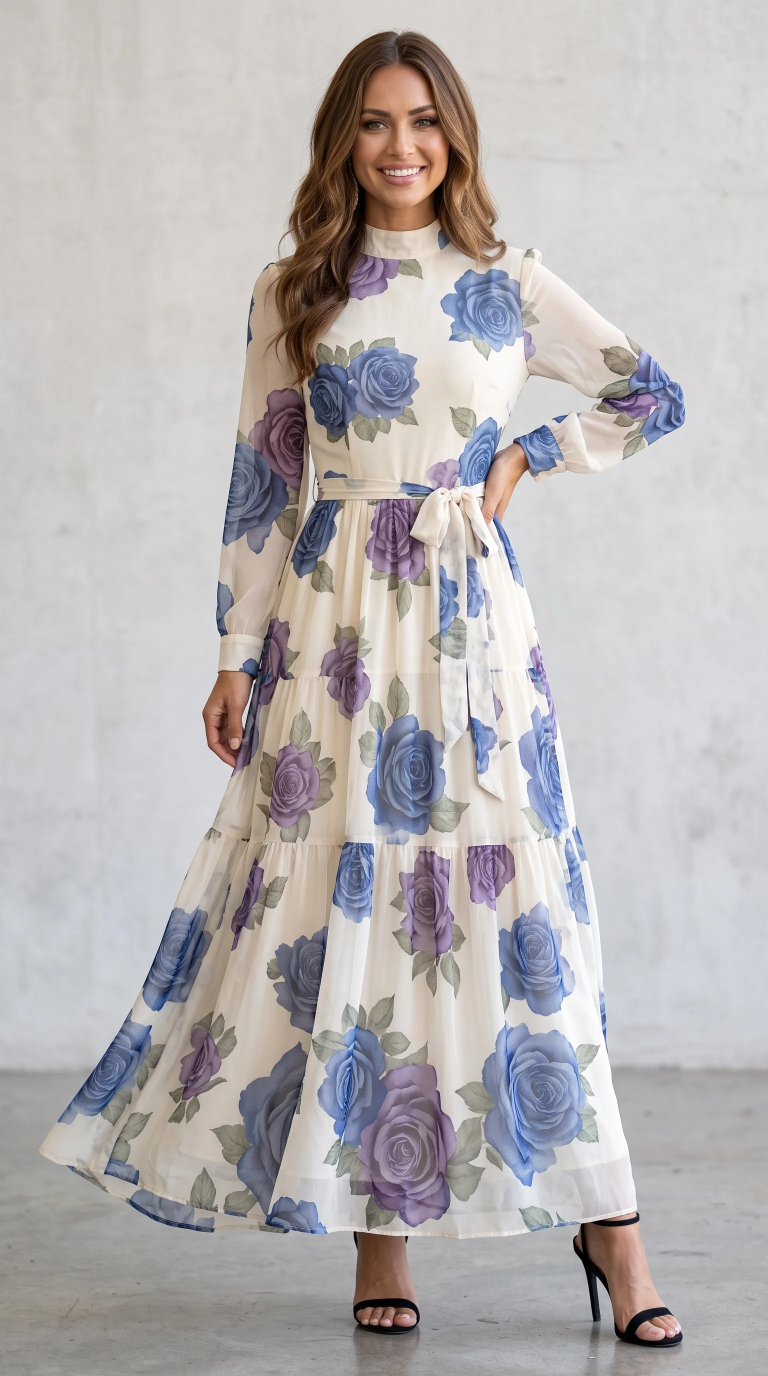 Ivory & Blue Floral High-Neck Long-Sleeve Fall Wedding Guest Dress