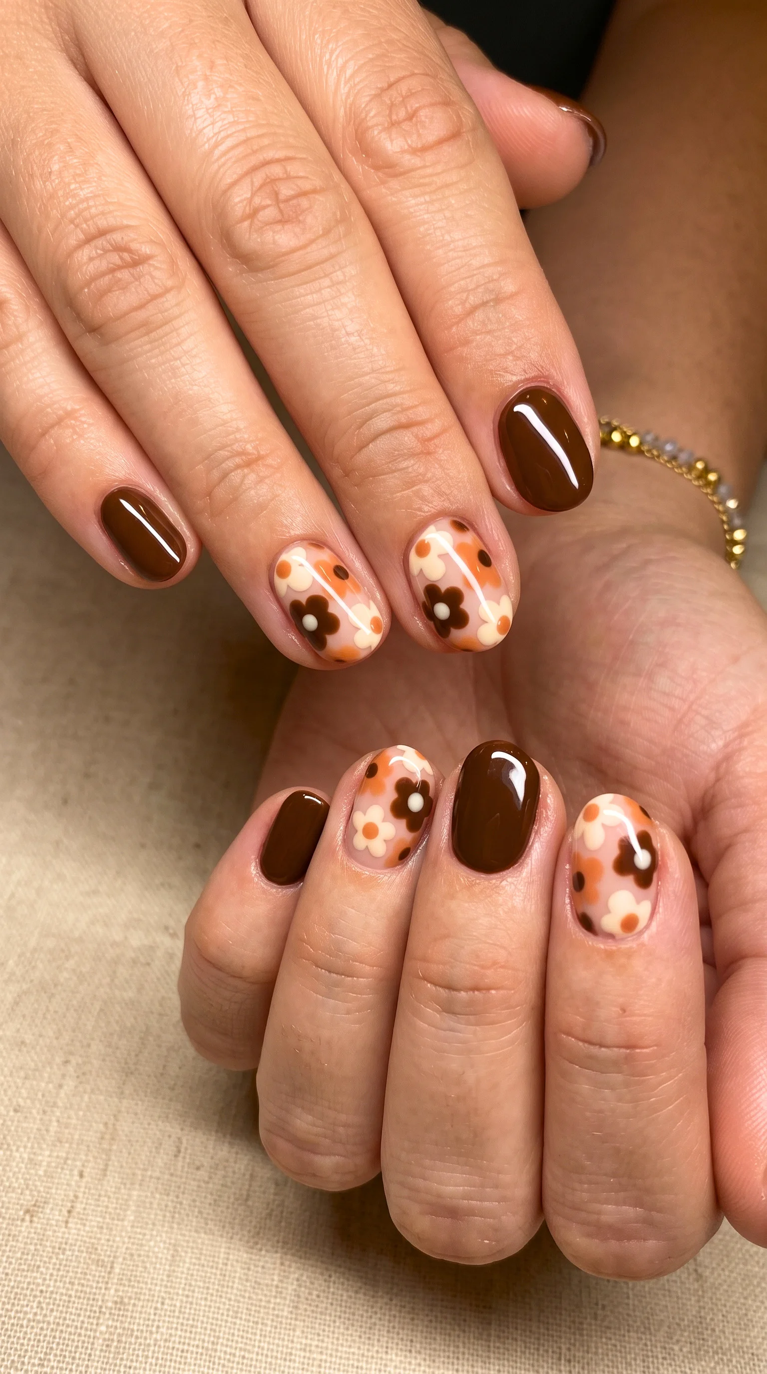 Retro Floral Brown & Orange Fall Nail Inspo