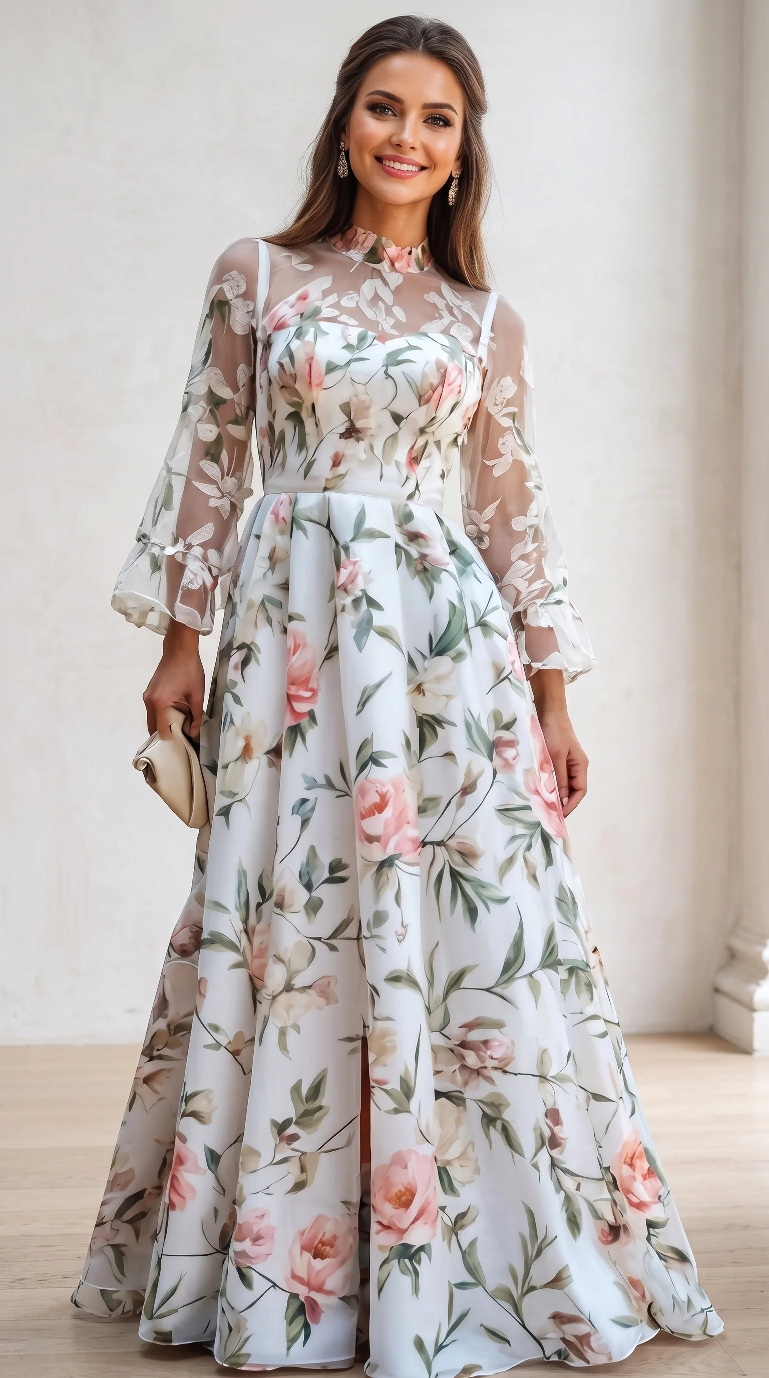 White & Watercolor Floral High-Neck Long-Sleeve Fall Wedding Guest Dress