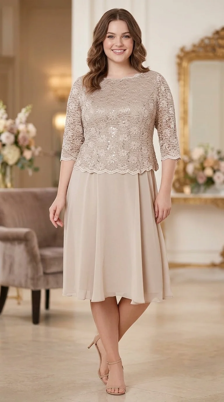 Elegant Champagne: Alex Evenings Tea Length Embroidered Gown