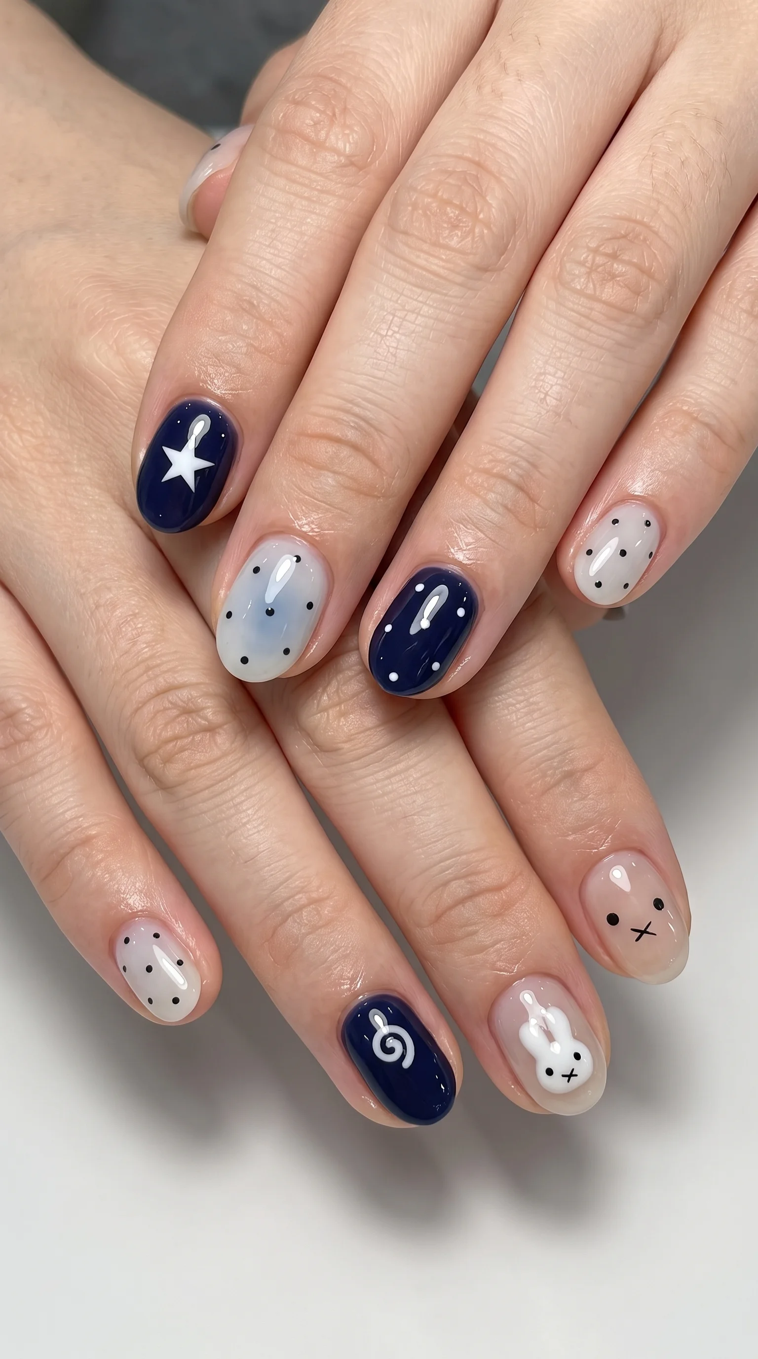 Celestial Navy & Cute Bunny Nails Inspo