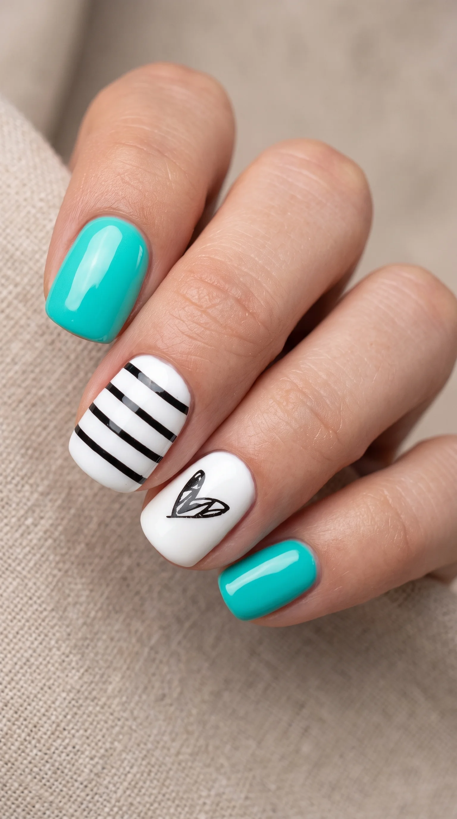 Mint & Monochrome Lines Nails