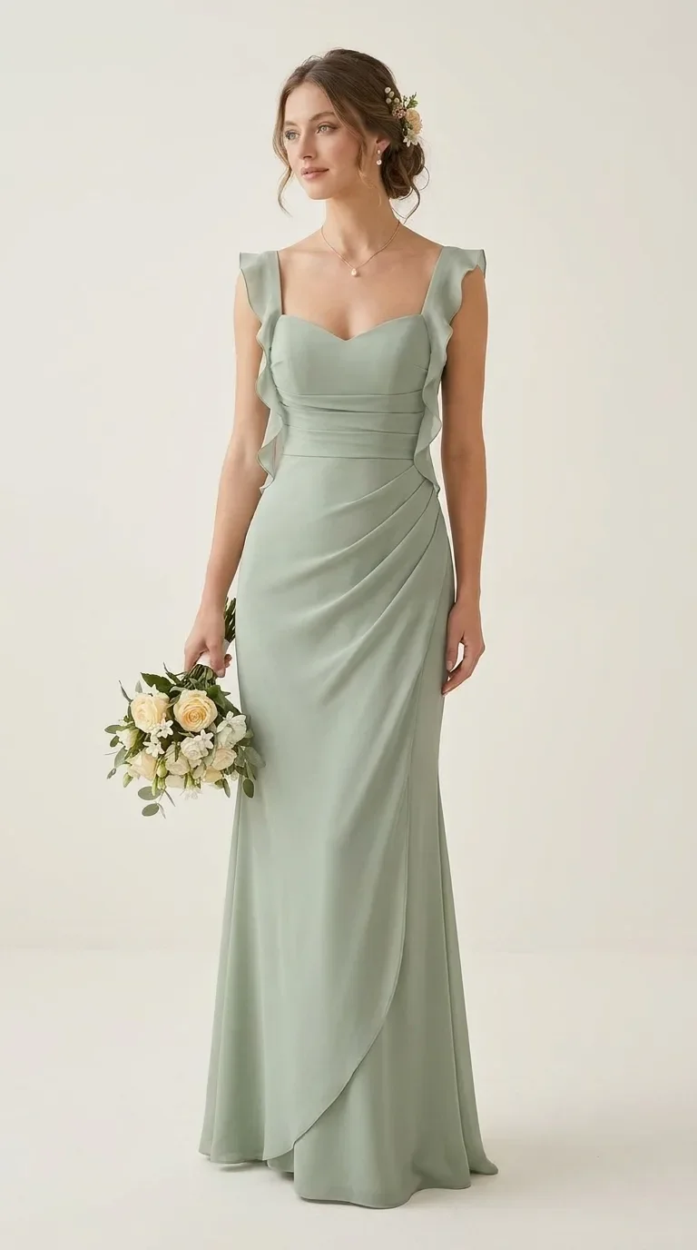 Ruffled Strap Chiffon Maxi Dress in Mint Green