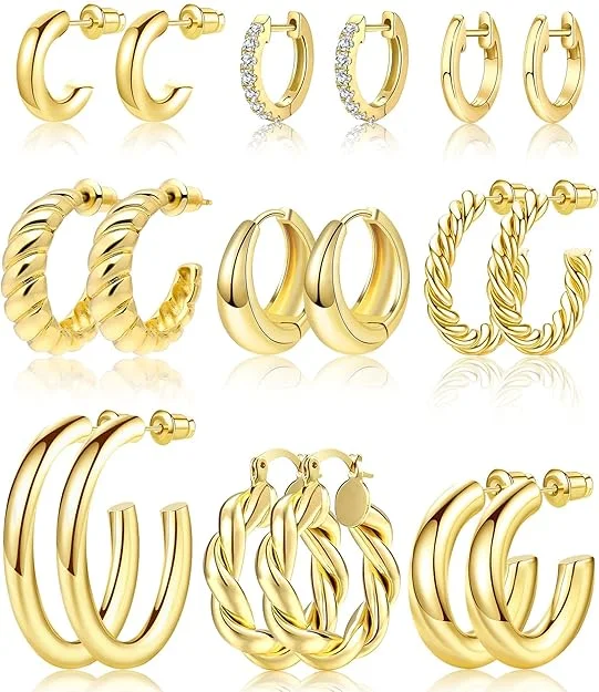 9 Pairs Gold Hoop Earrings Set