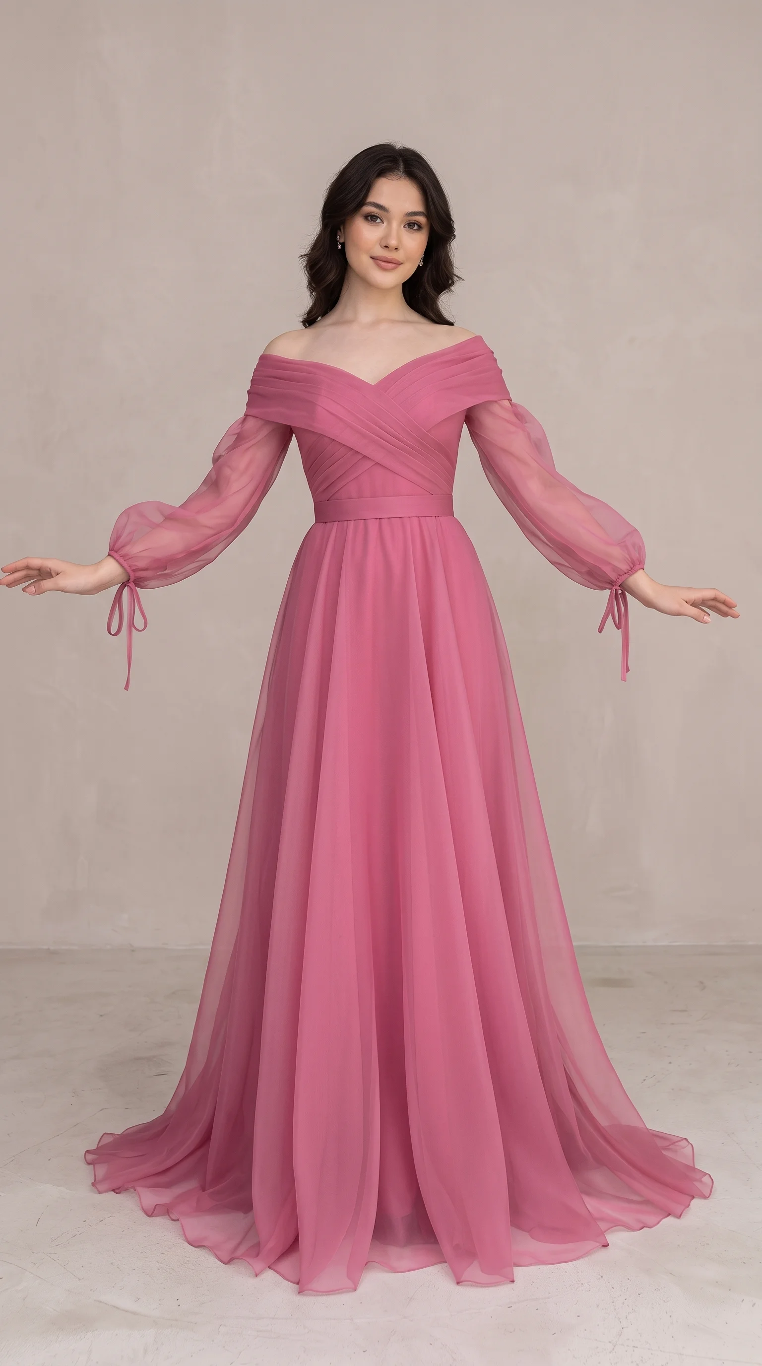 Mauve Off-the-Shoulder Bishop-Sleeve Autumn Wedding Guest Dress