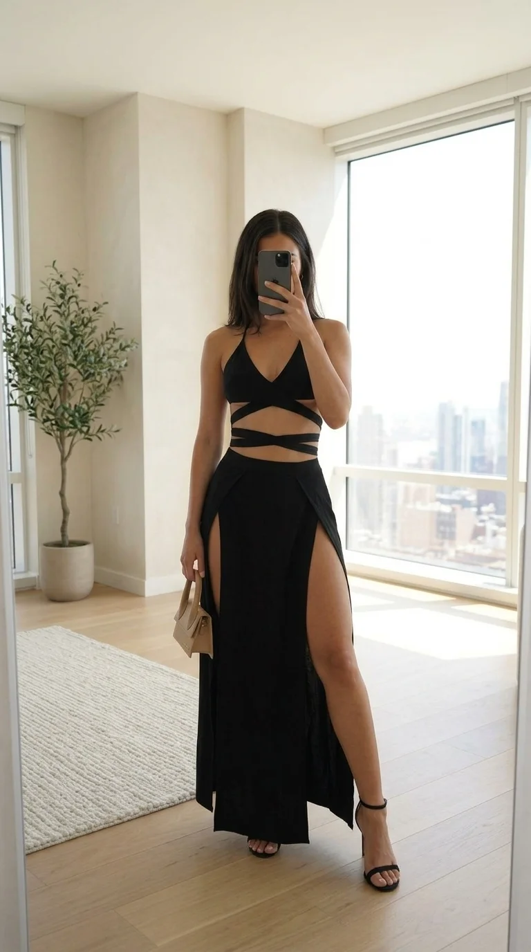 Daring Strappy Midriff Wrap Black Two-Piece Dress