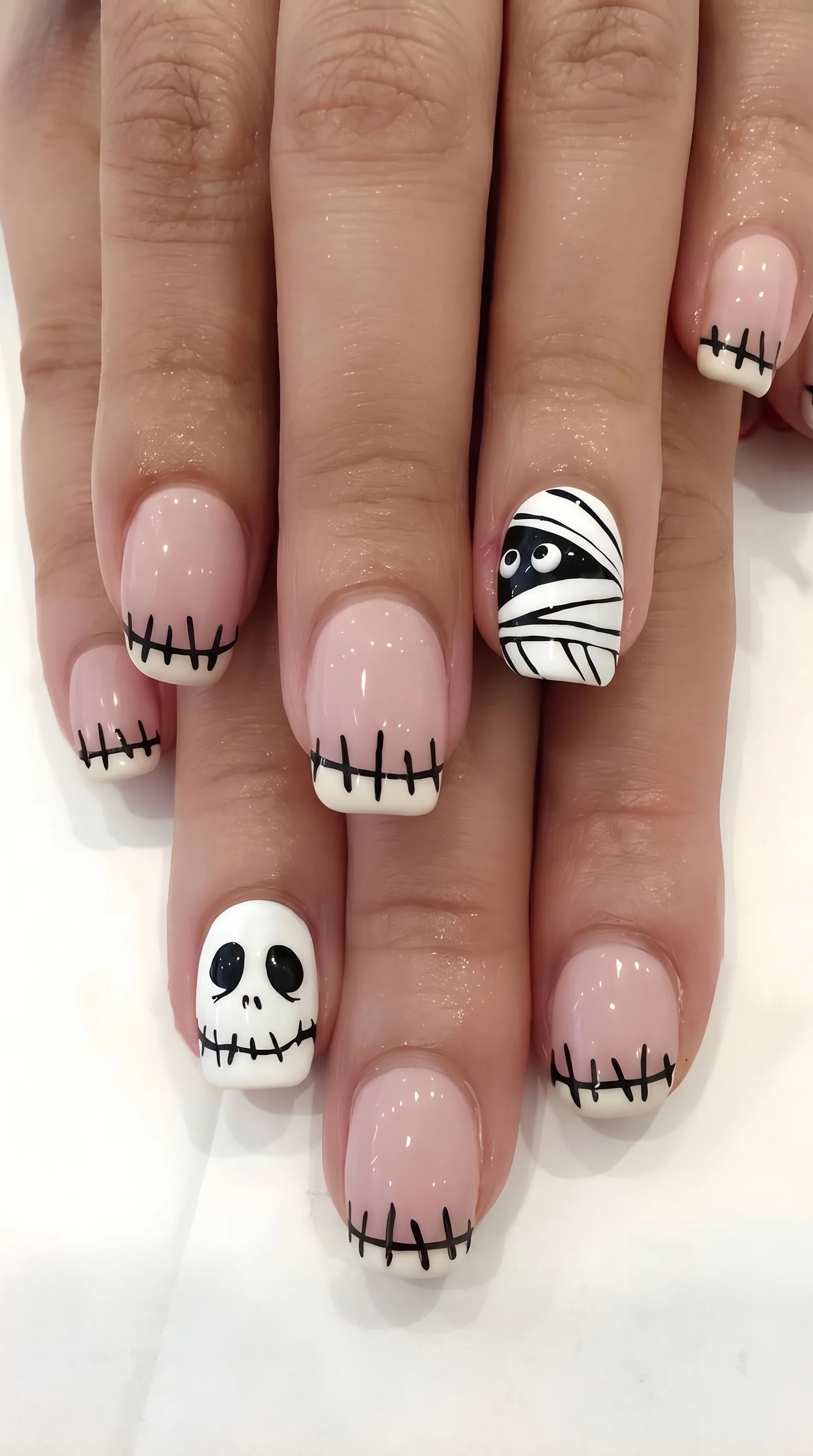 Stitched French Tips With Cute Mummy Accent