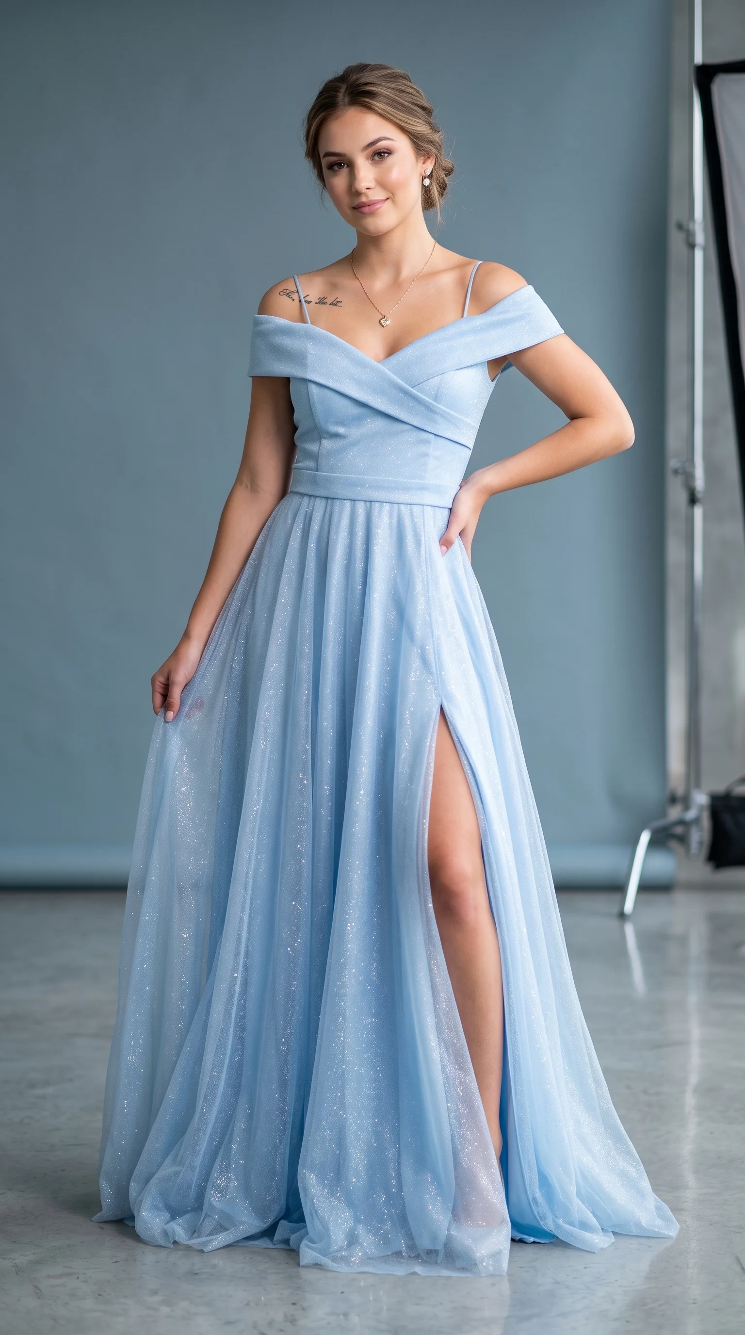 Off-The-Shoulder Ice Blue Sparkle Gowns Wedding Dress