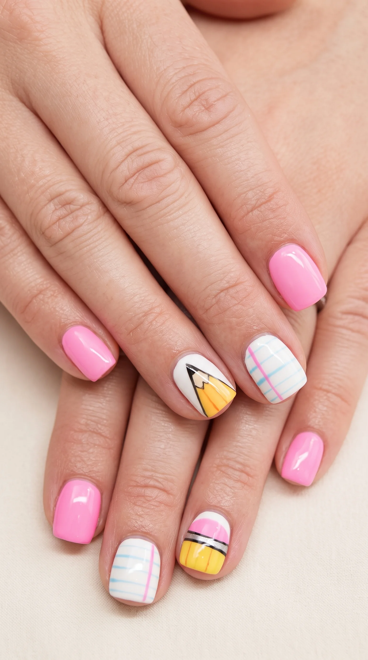 Playful Pencil & Lined Paper School Nails Inspo