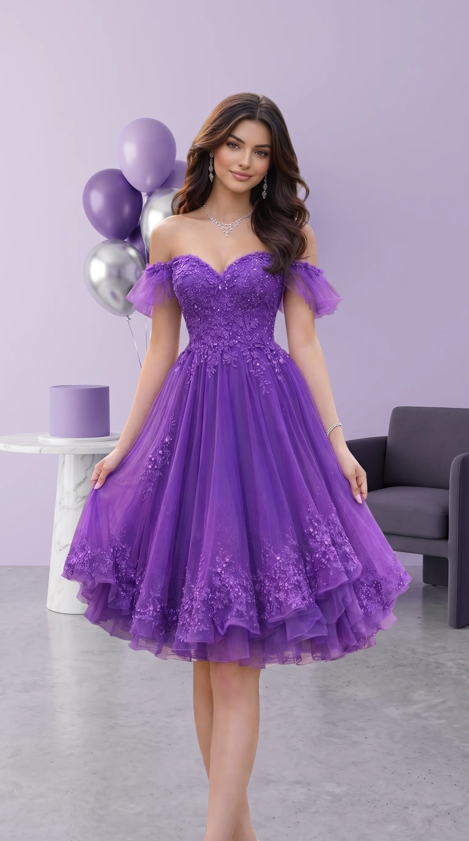 Vibrant Violet Off-The-Shoulder Tulle Dress