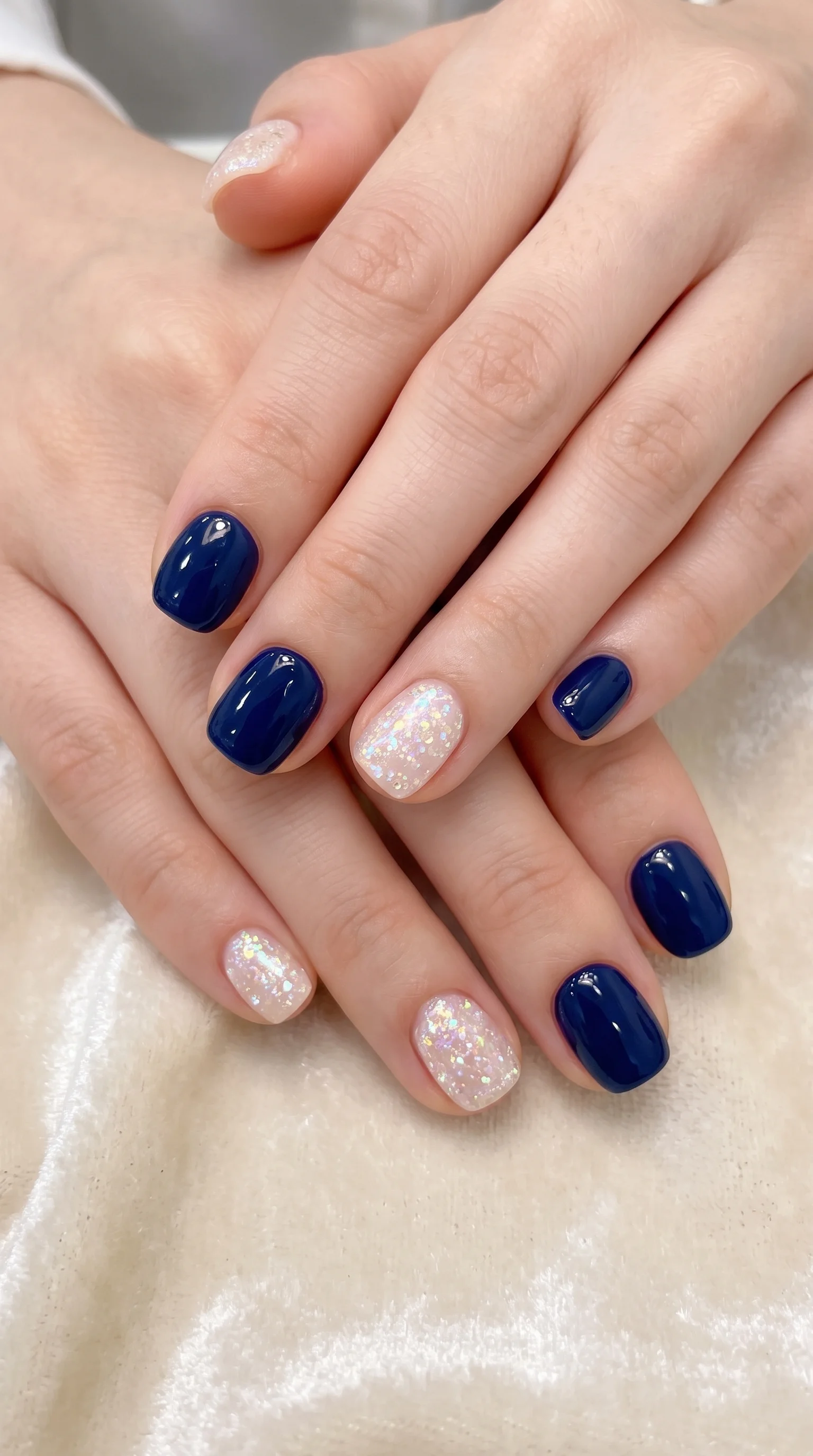 Midnight Navy & Iridescent Glitter Nails Inspo