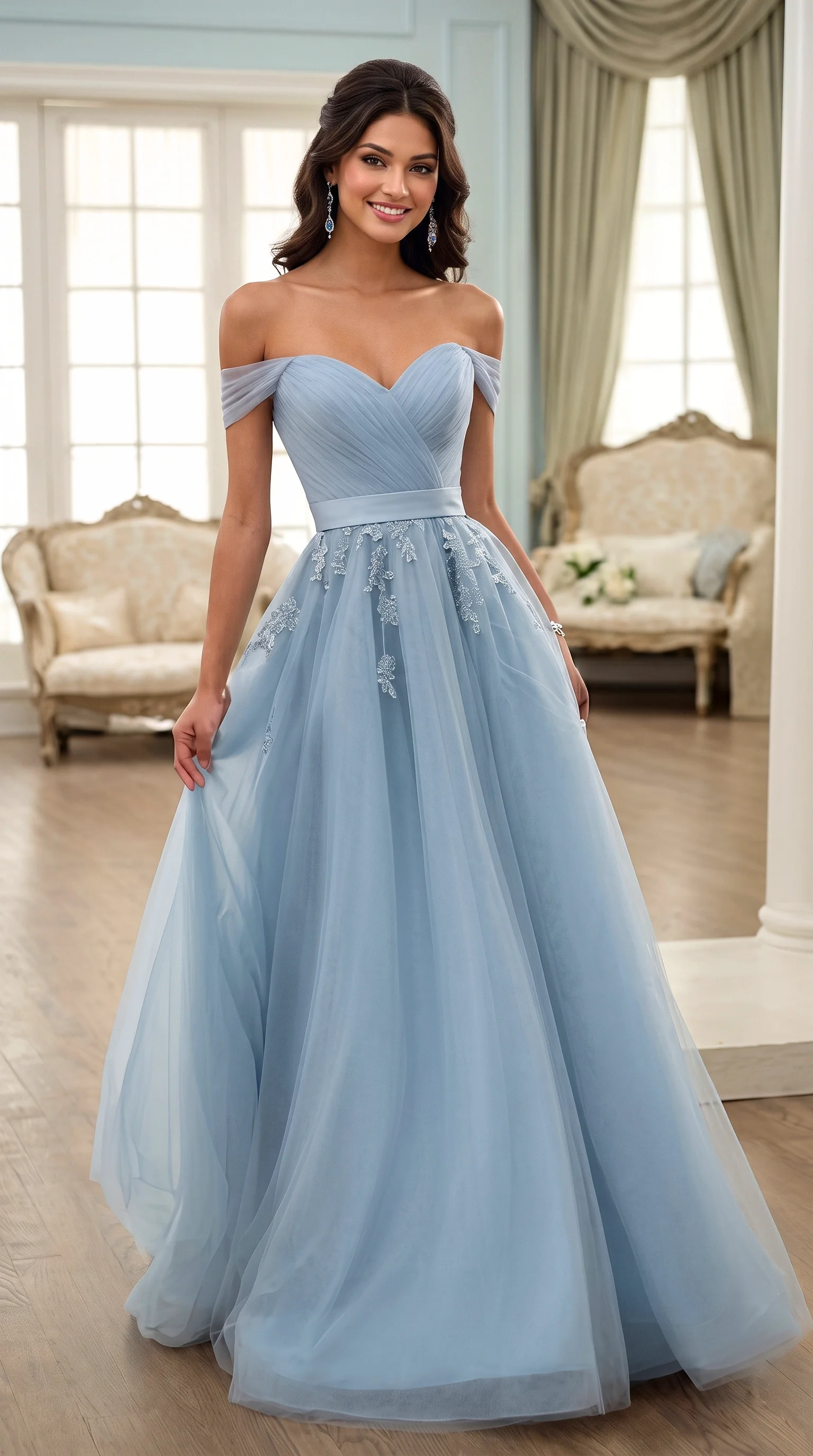 Dusty Blue Floral Applique Off-The-Shoulder Tulle Gowns