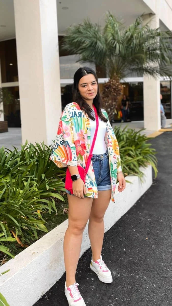 Tropical Kimono and Denim Shorts Combo