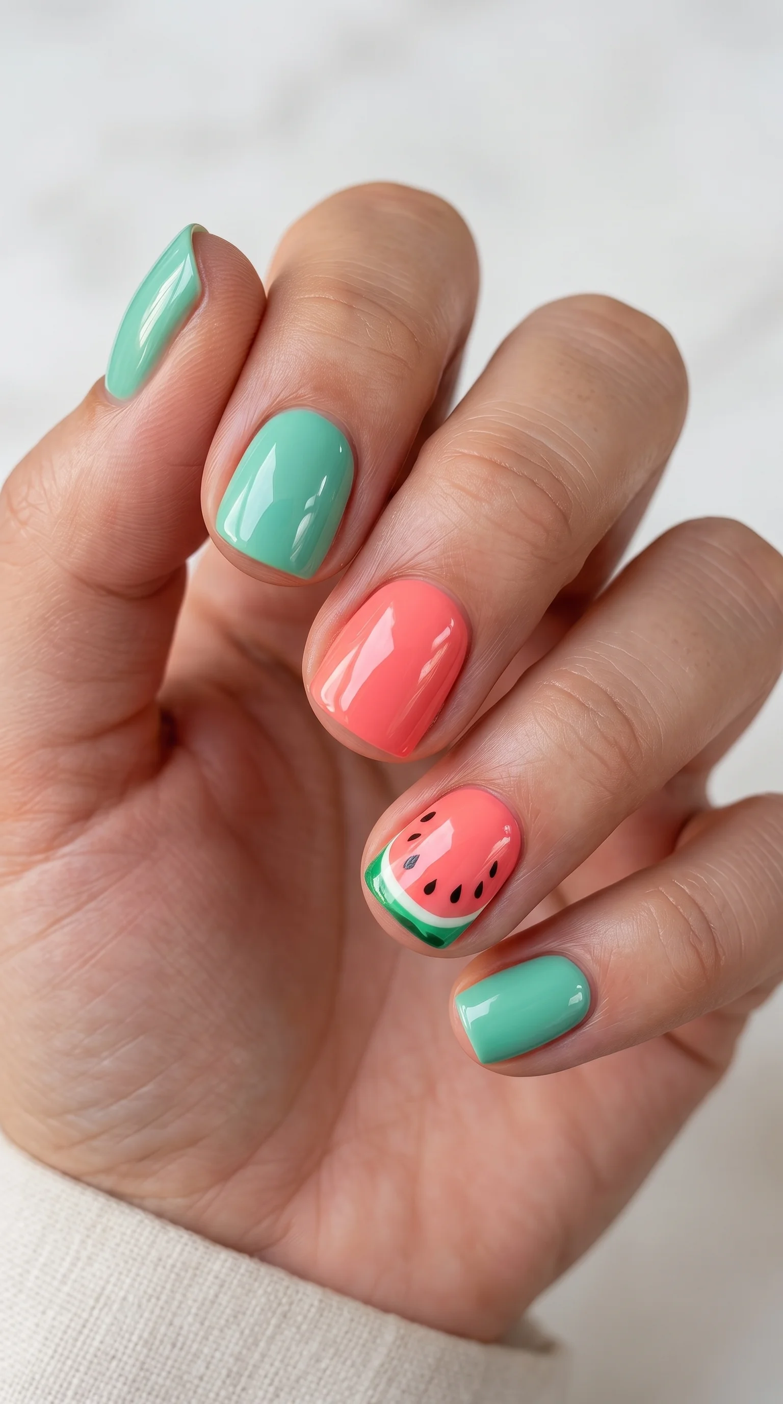 Minty Watermelon Slice Nails Inspo