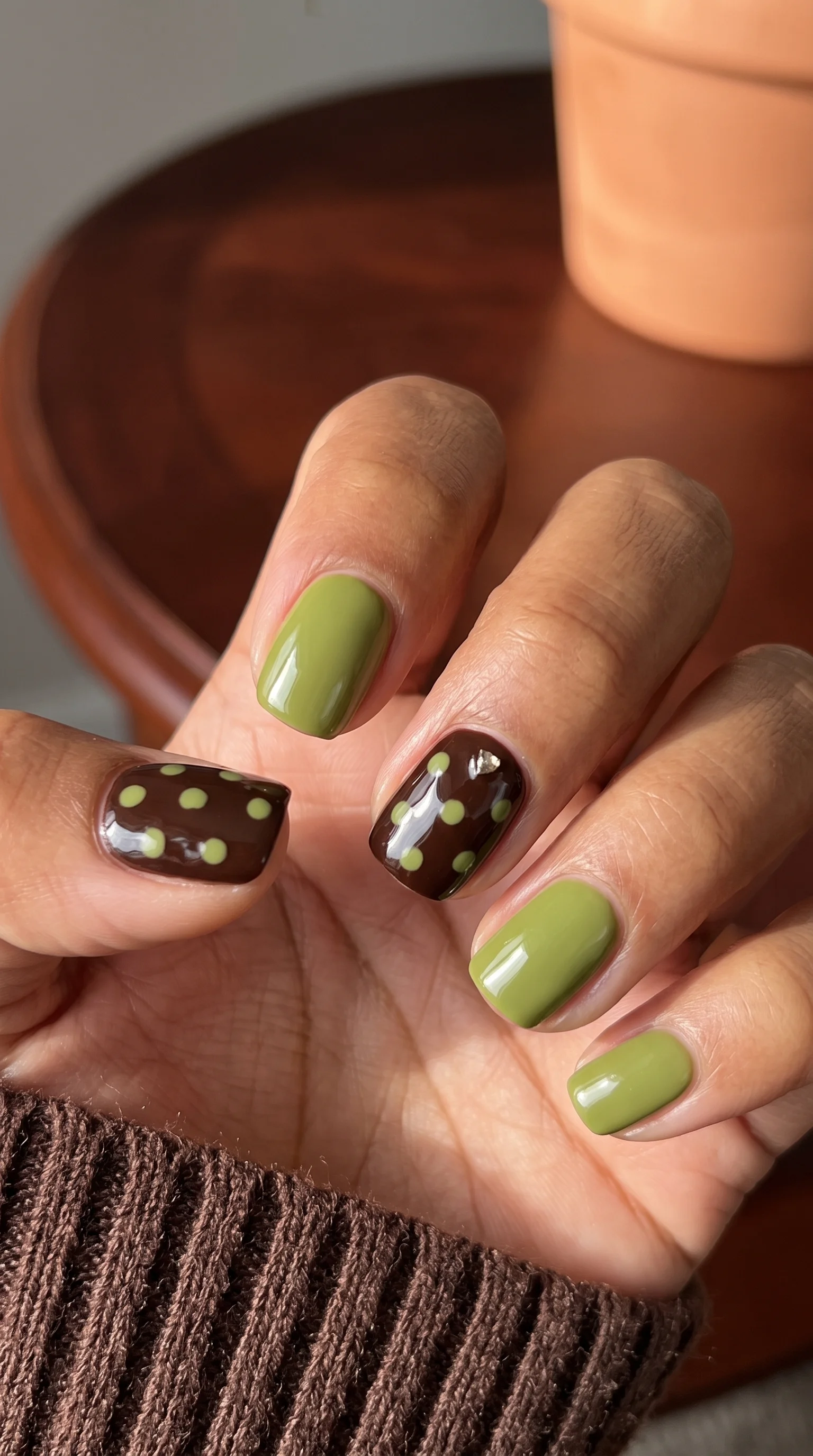 Glossy Green & Dark Brown Polka Dot Fall Nail Inspo