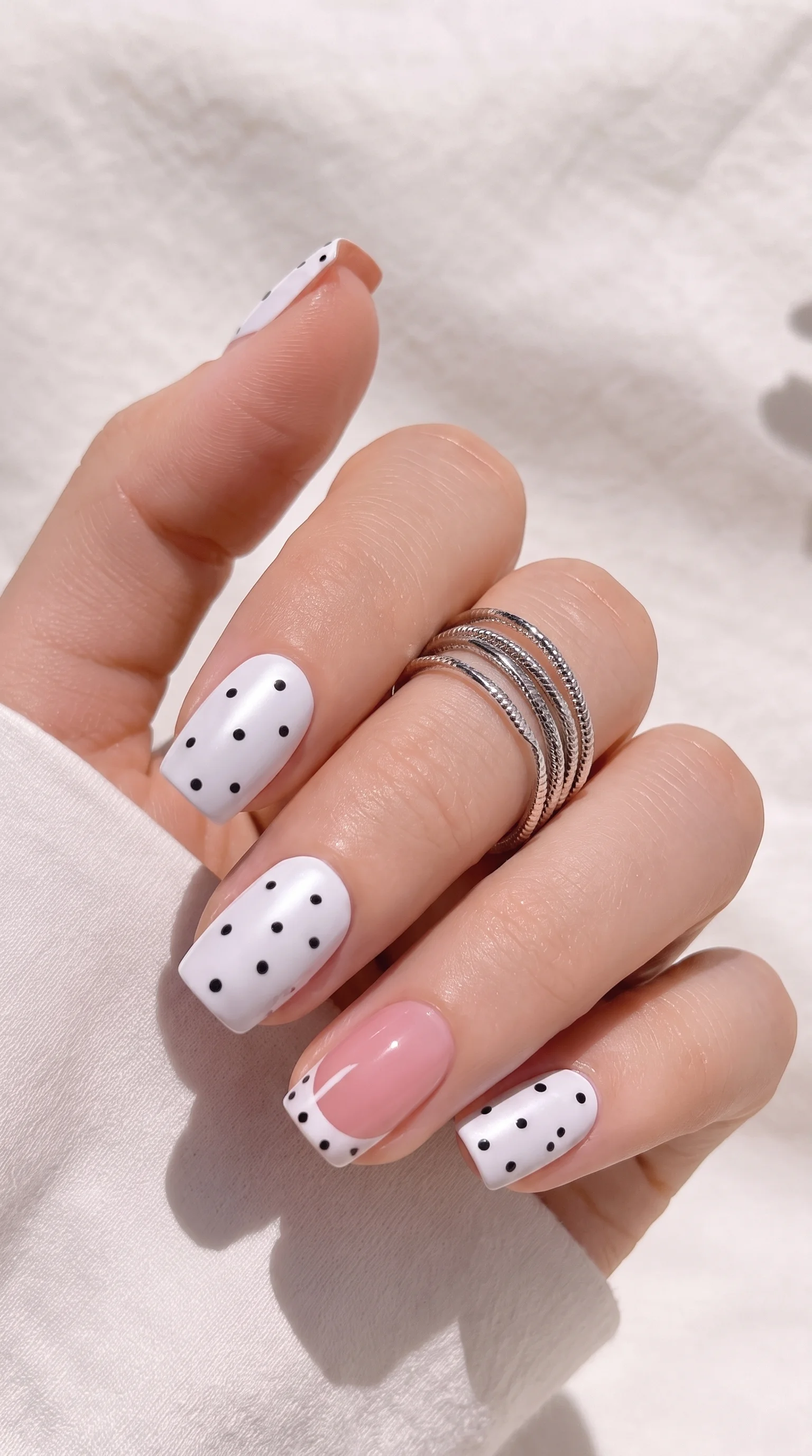 Chic Black & White Polka Dot French Nails Inspo