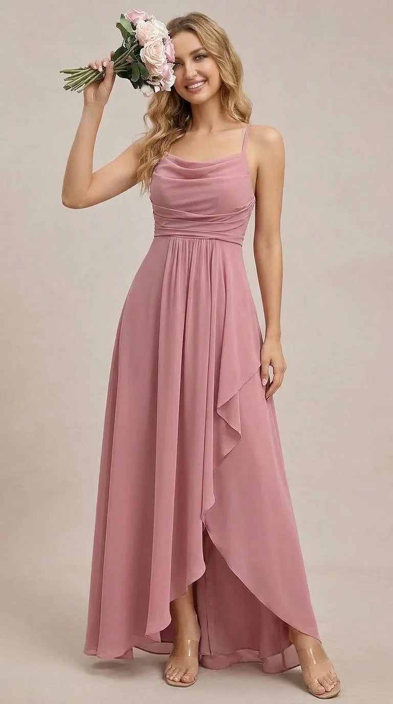 Double-Layer Chiffon Cowl Neck Maxi Dress in Dusty Pink