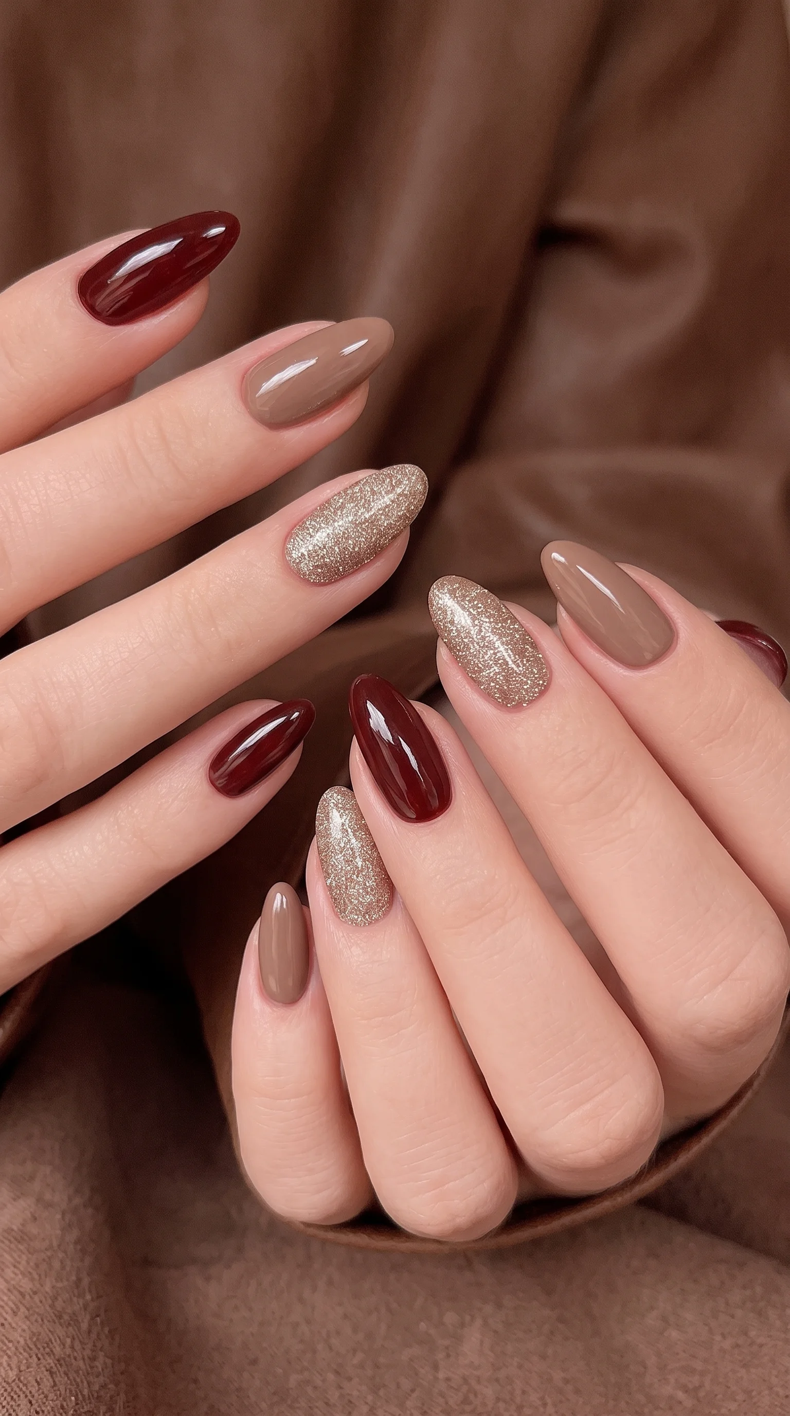 Glossy Burgundy, Taupe & Shimmer Fall Nail Inspo