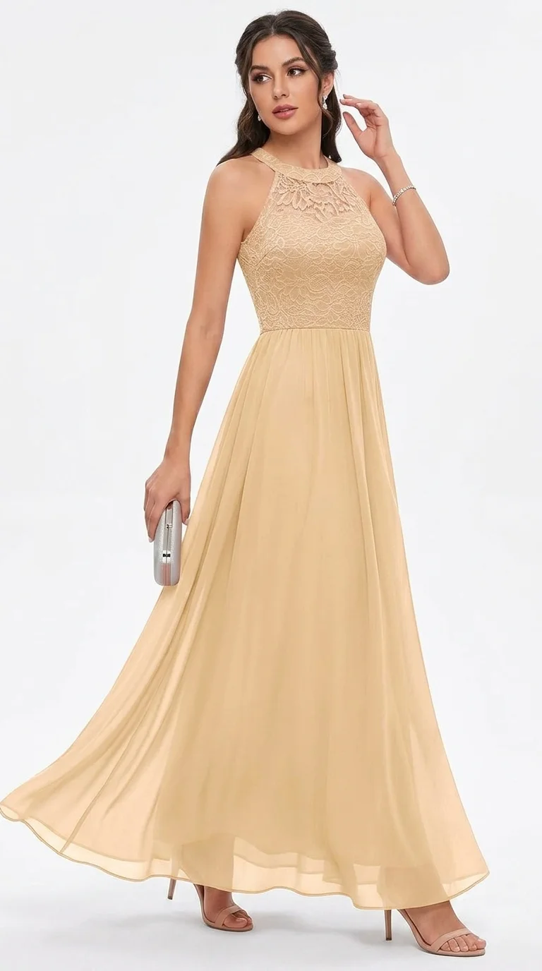 Wedtrend Halter Neck Lace and Chiffon Maxi Dress in Champagne Gold