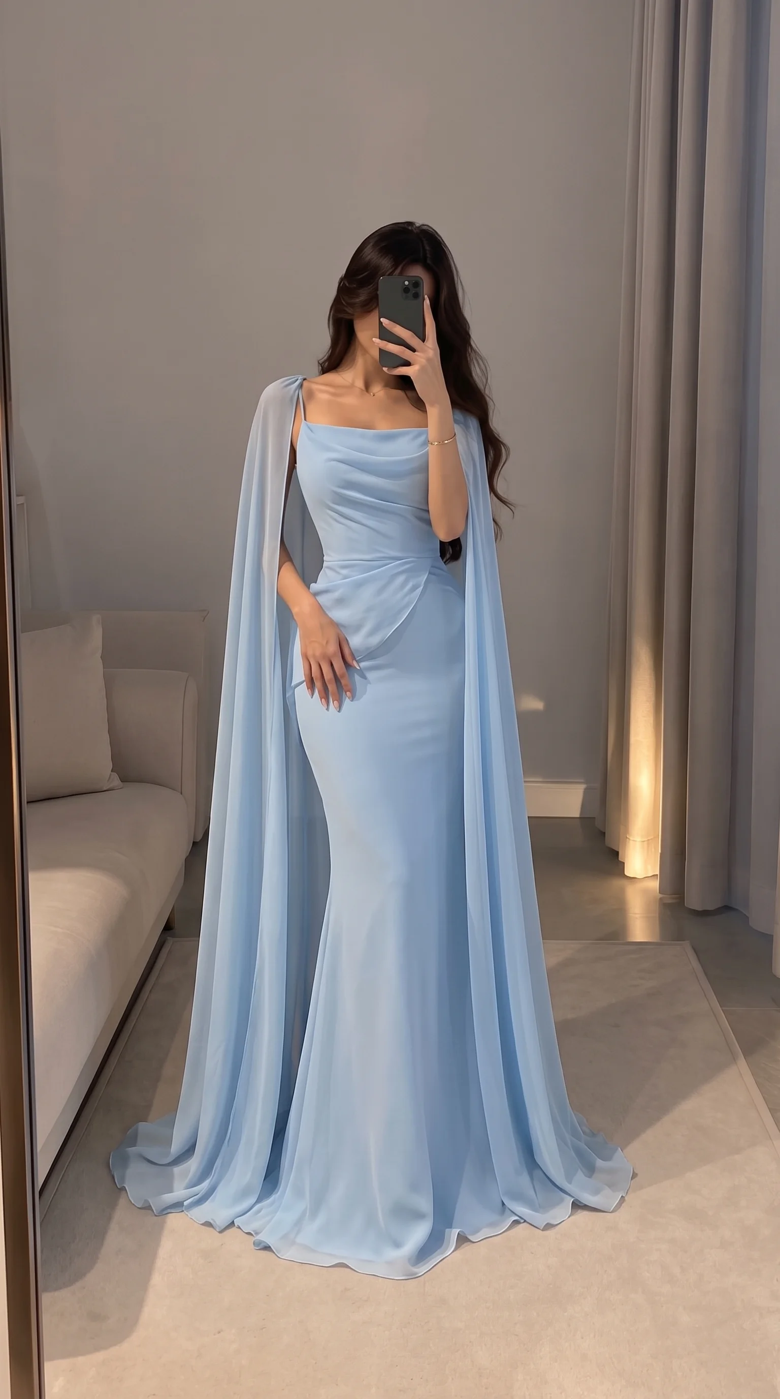 Draped Caped Light Blue Sheath Gowns
