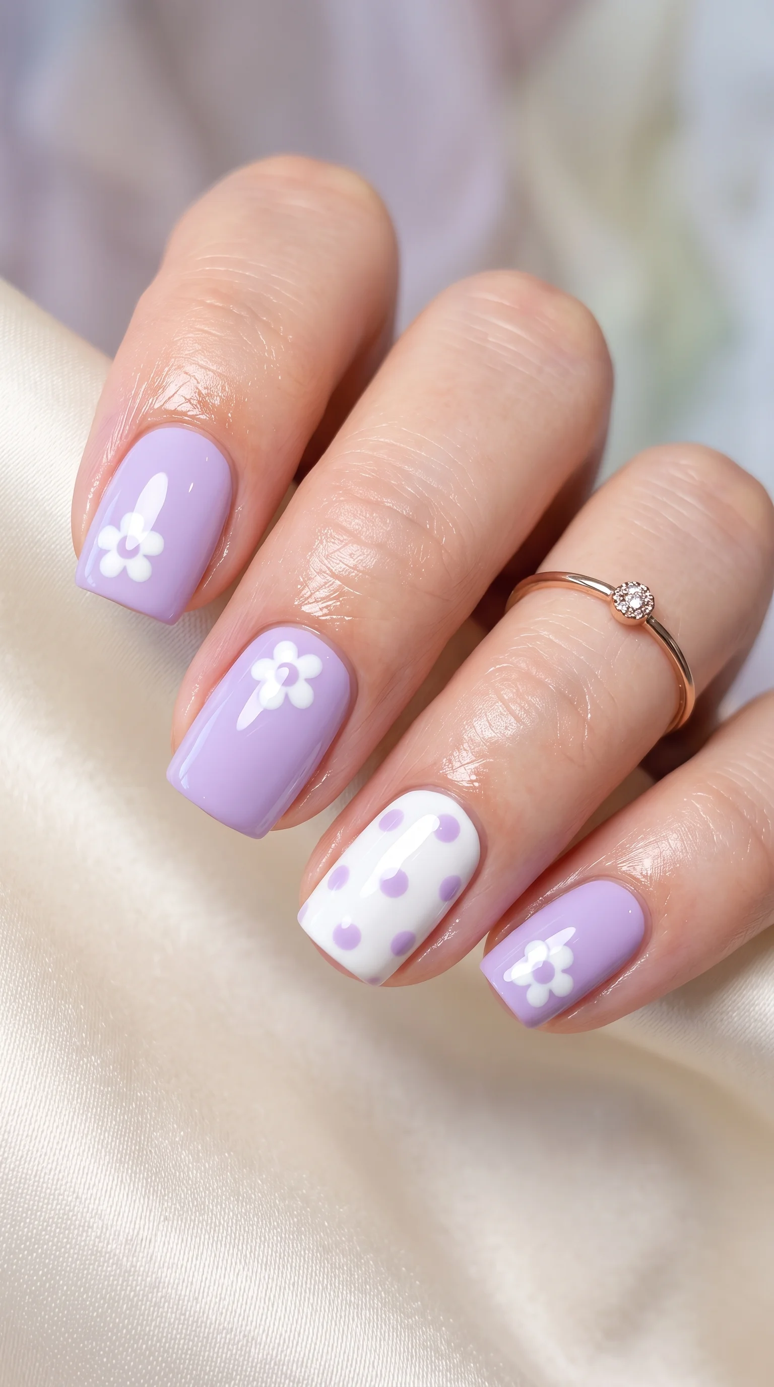 Retro Lavender Daisy & Polka Dot Twist Nails