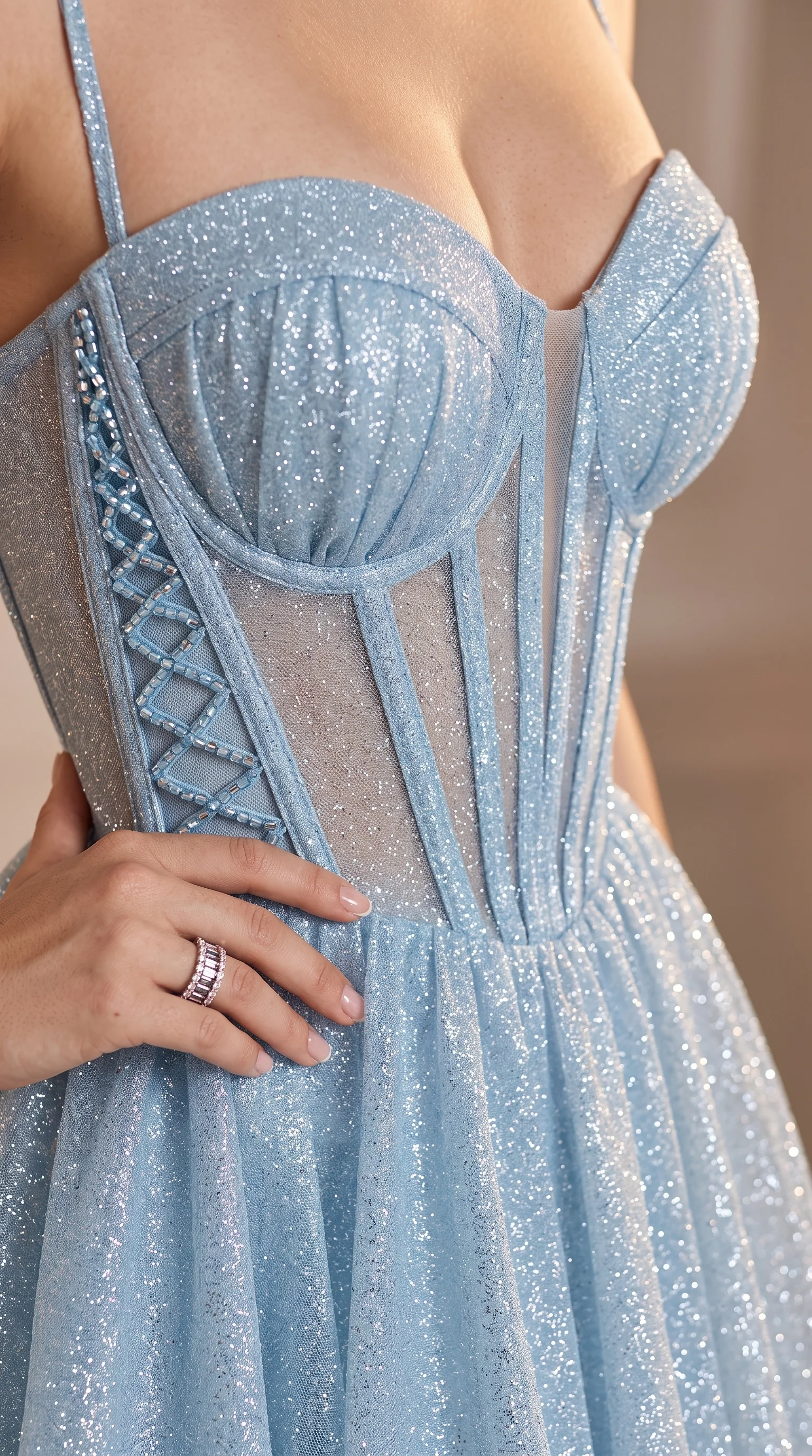 Corseted Light Blue Glitter Gowns with Lattice Beading Dress