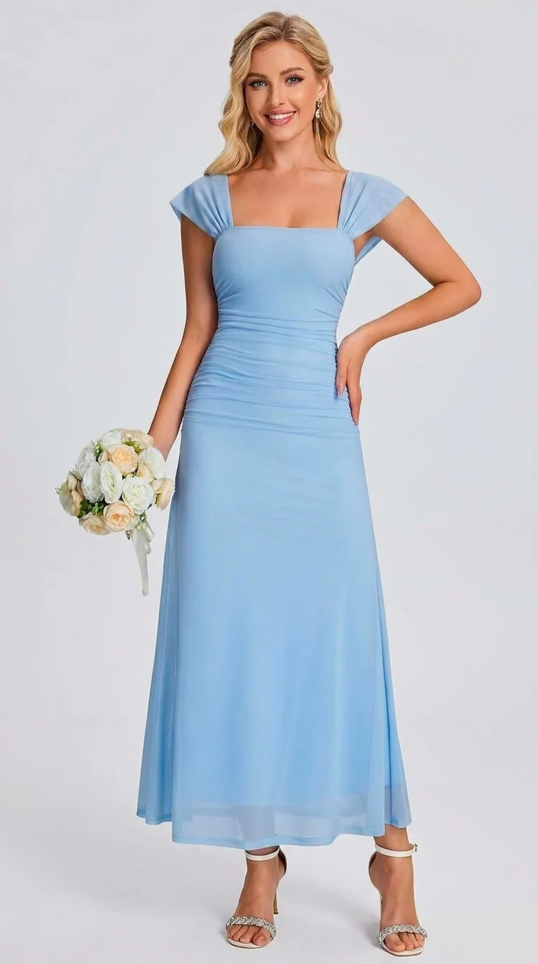 EYNMIN Cap-Sleeve Ruched Mesh Maxi Dress in Light Blue