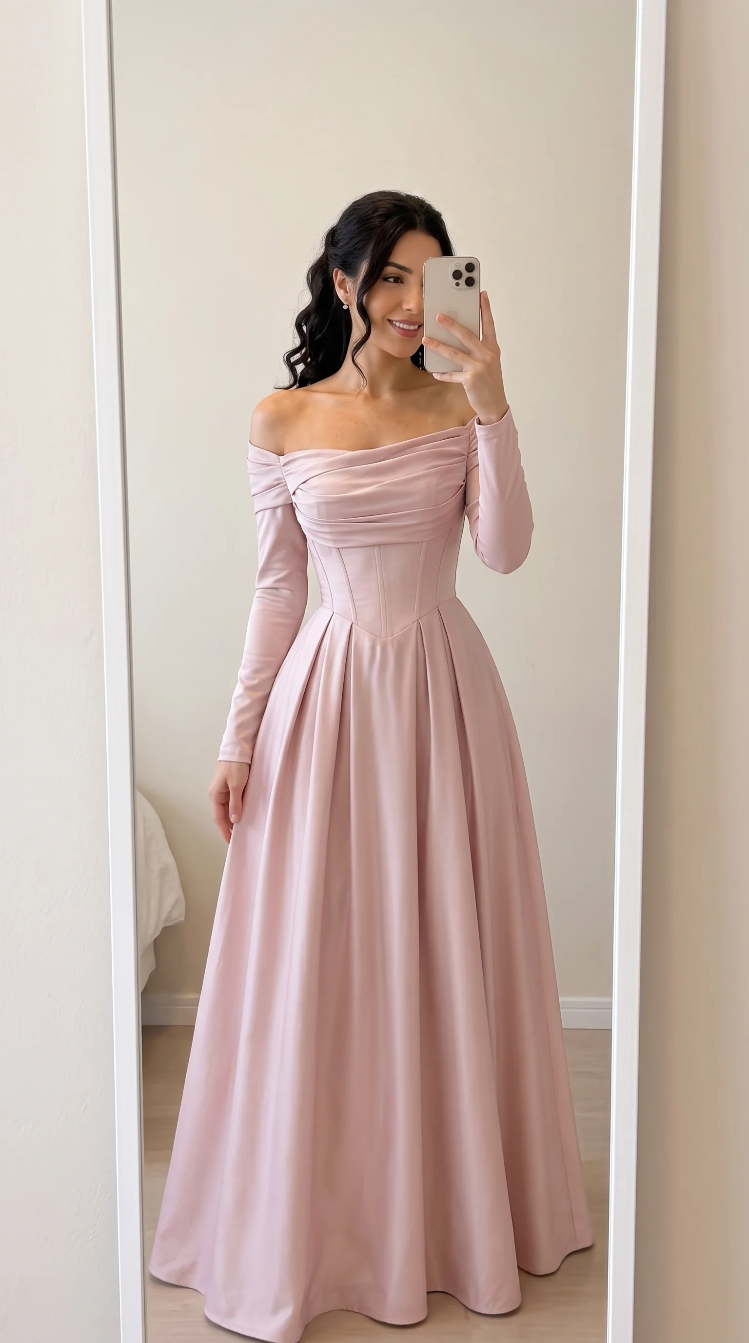 Dusty Rose Off-the-Shoulder Long-Sleeve Fall Wedding Guest Dress