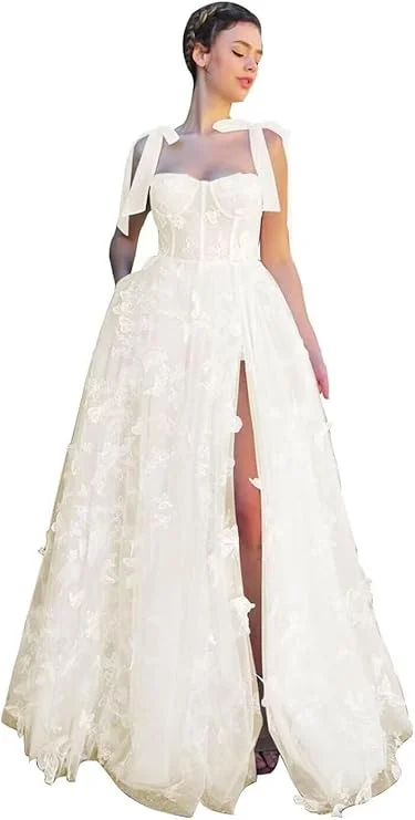 Long Spaghetti Straps Tulle Wedding Dress