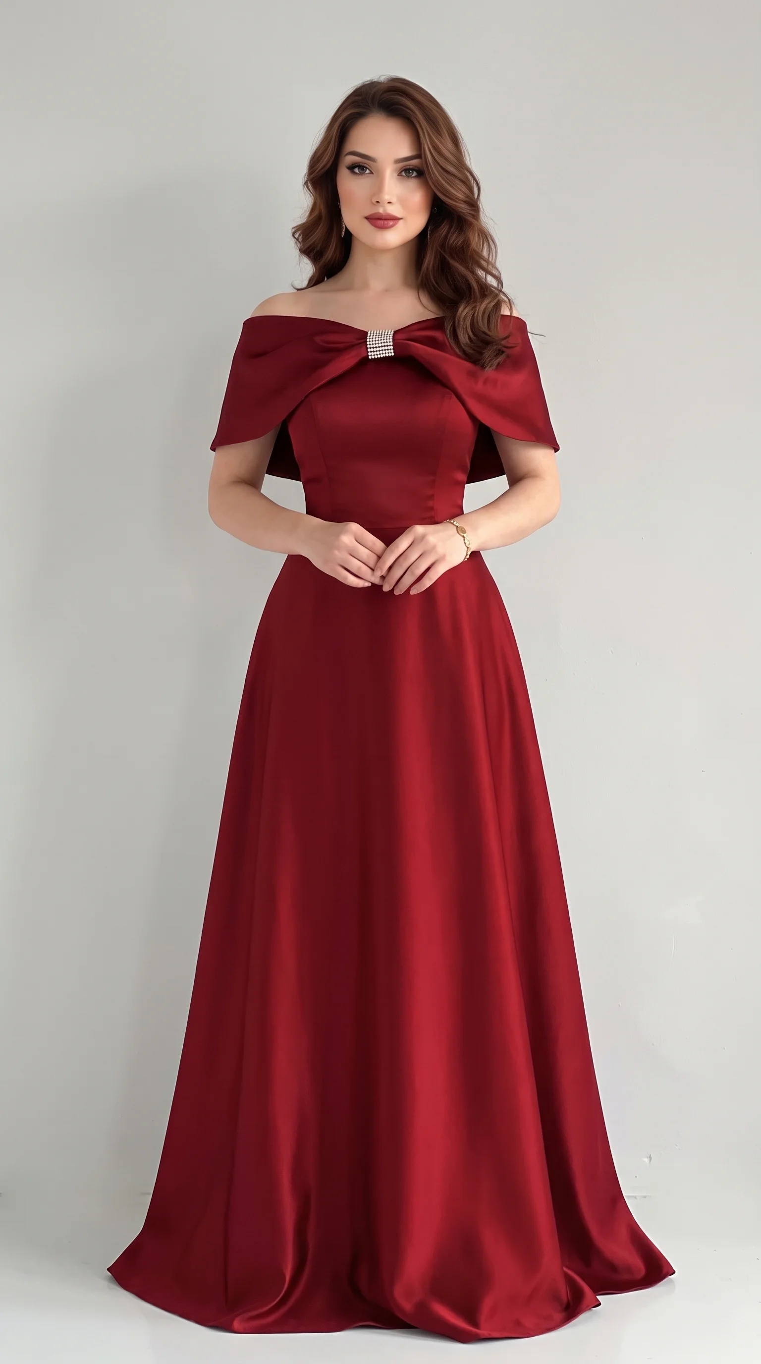 Burgundy Off-the-Shoulder Cape-Sleeve Fall Wedding Guest Dress