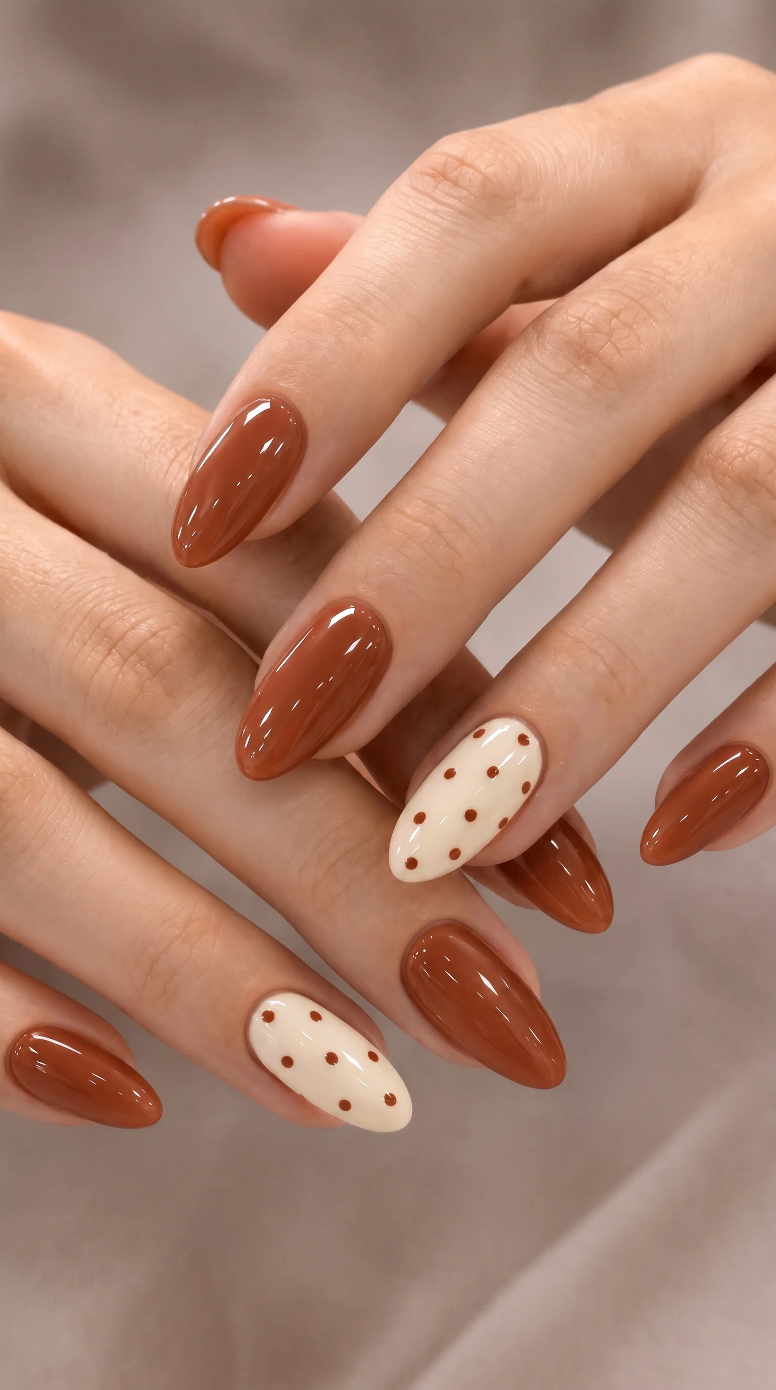 Chic Polka Dot & Caramel Fall Nail Inspo