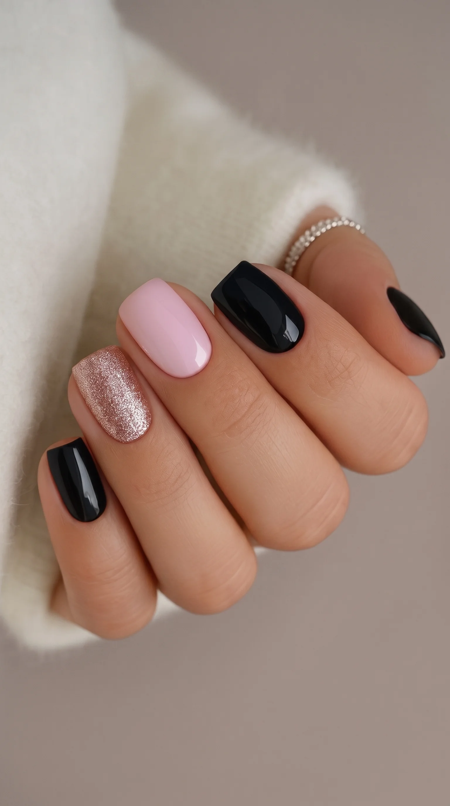 Noir, Blush & Rose Gold Shimmer Triad Nails