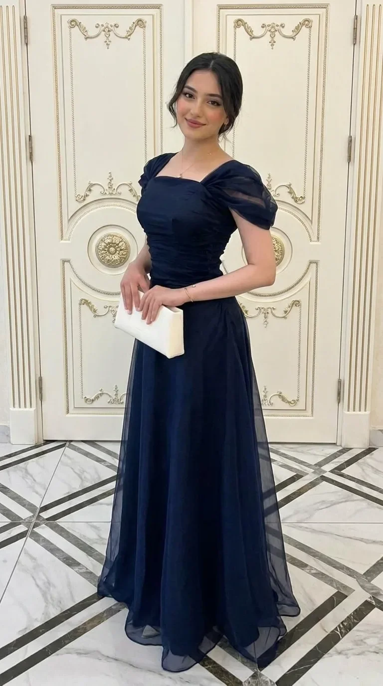 Cap-Sleeve Chiffon Maxi Dress in Navy Blue