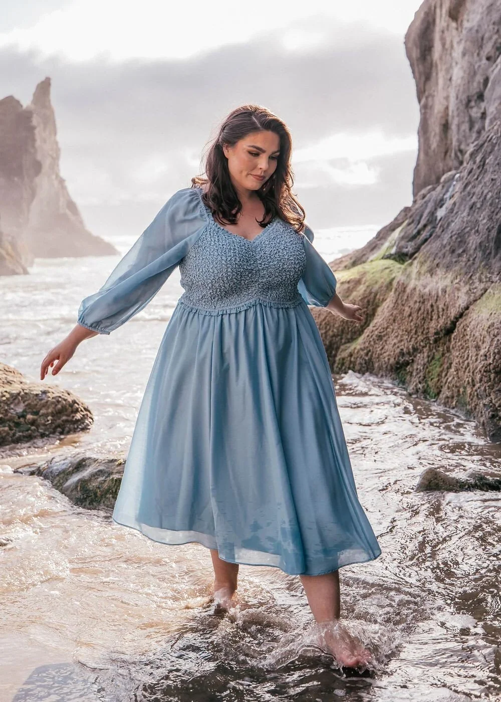 Soft Blue Midi Dress with Puff Sleeves