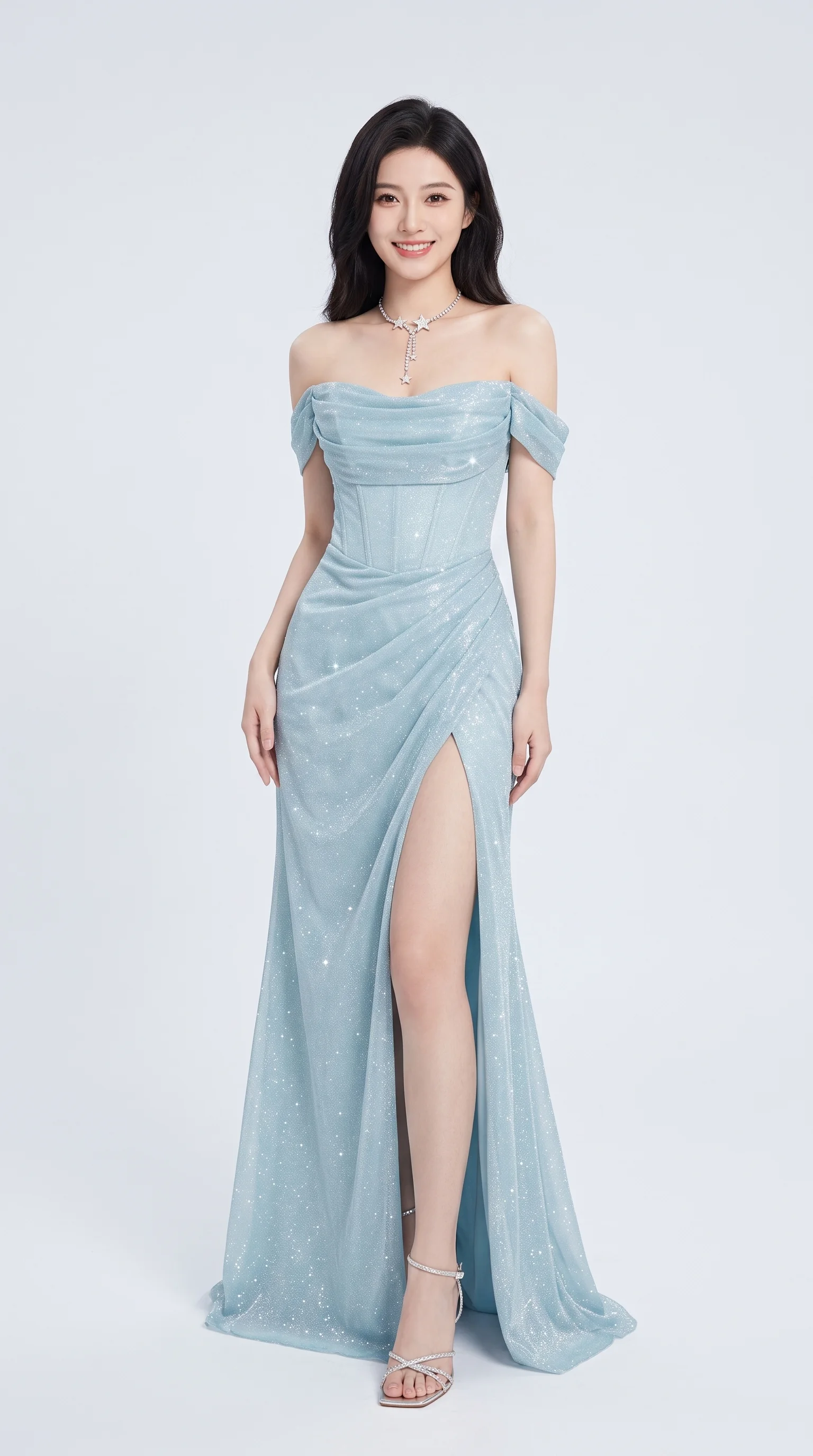 Glitzy Corseted Ice Blue Draped Gowns Bridesmaid Dress